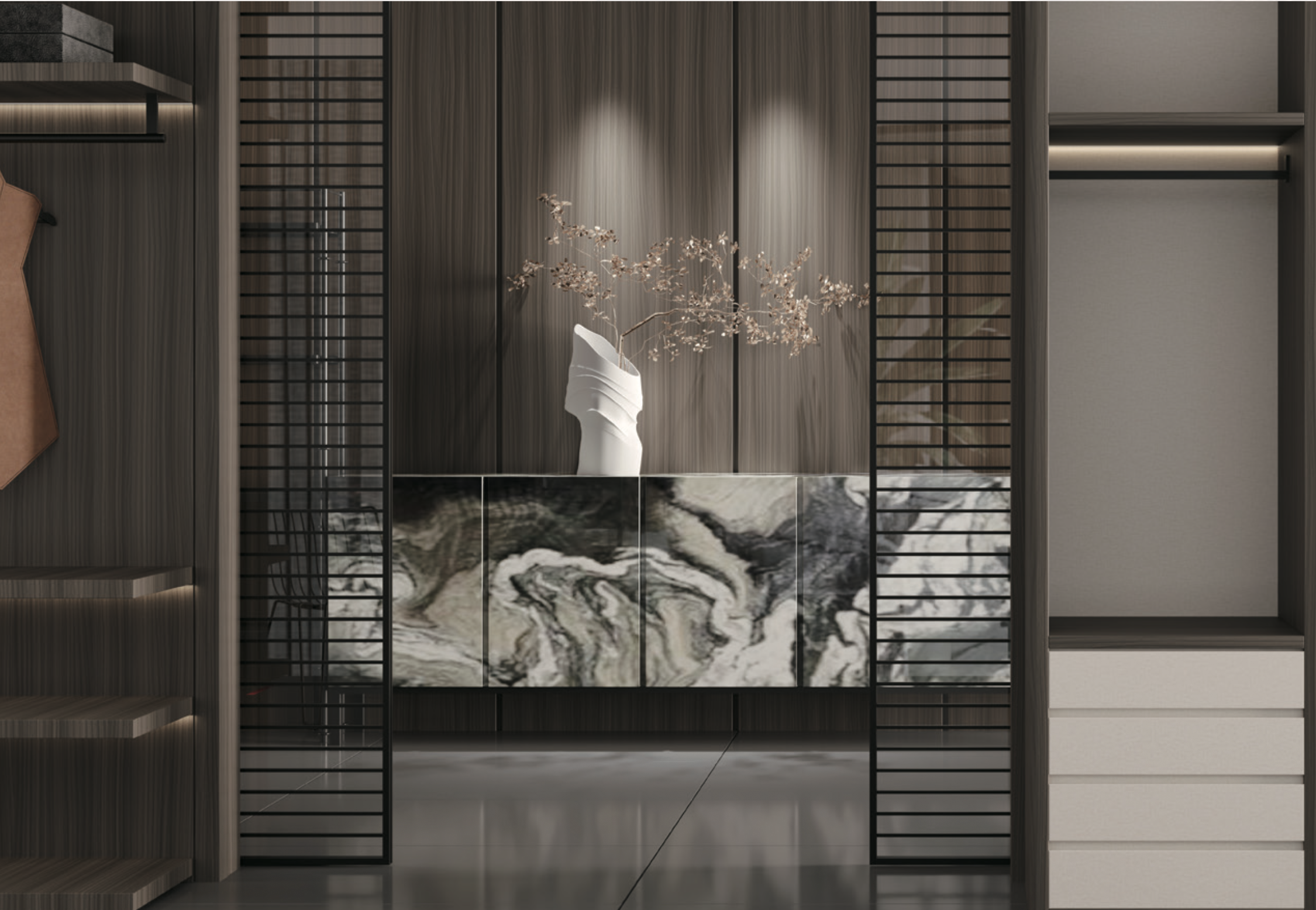 Modern interior with wooden panels, black metal grid accents, a marble-paneled sideboard, and a white decorative vase with branches.