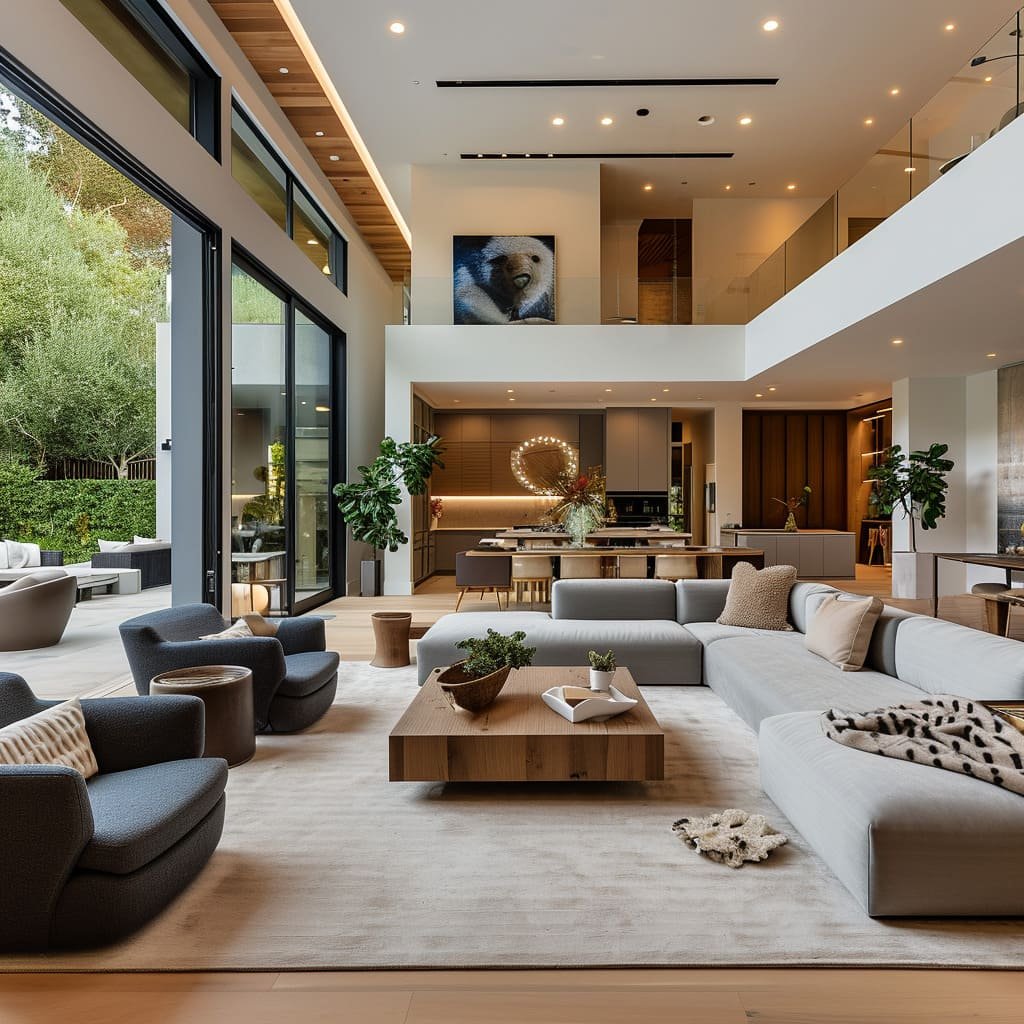 Spacious modern living room with large glass sliding doors, a white sectional sofa, black armchairs, wooden coffee table, and indoor plants, open to an outdoor patio with seating.
