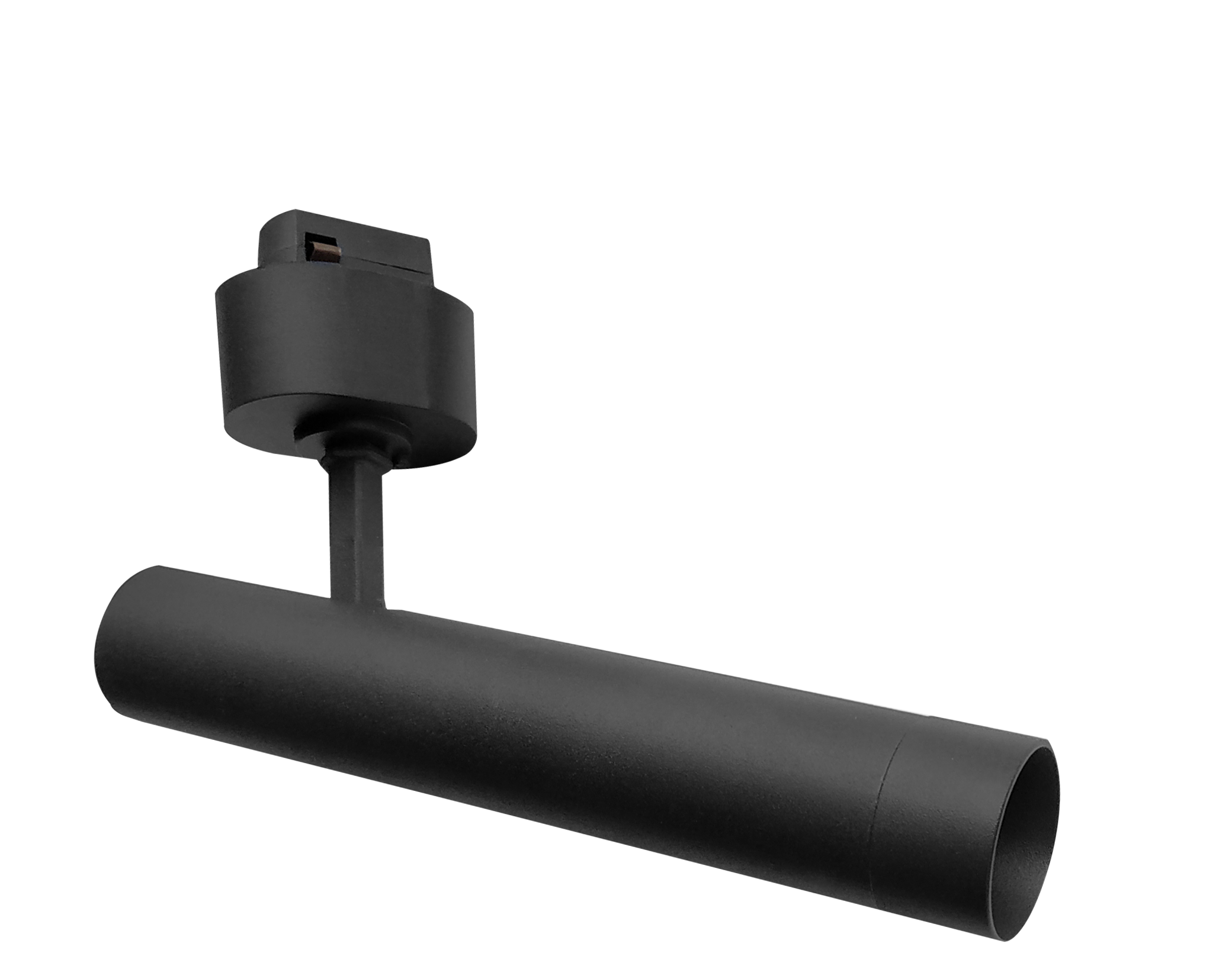 Black indoor track lighting fixture with a cylindrical shape and adjustable mount.