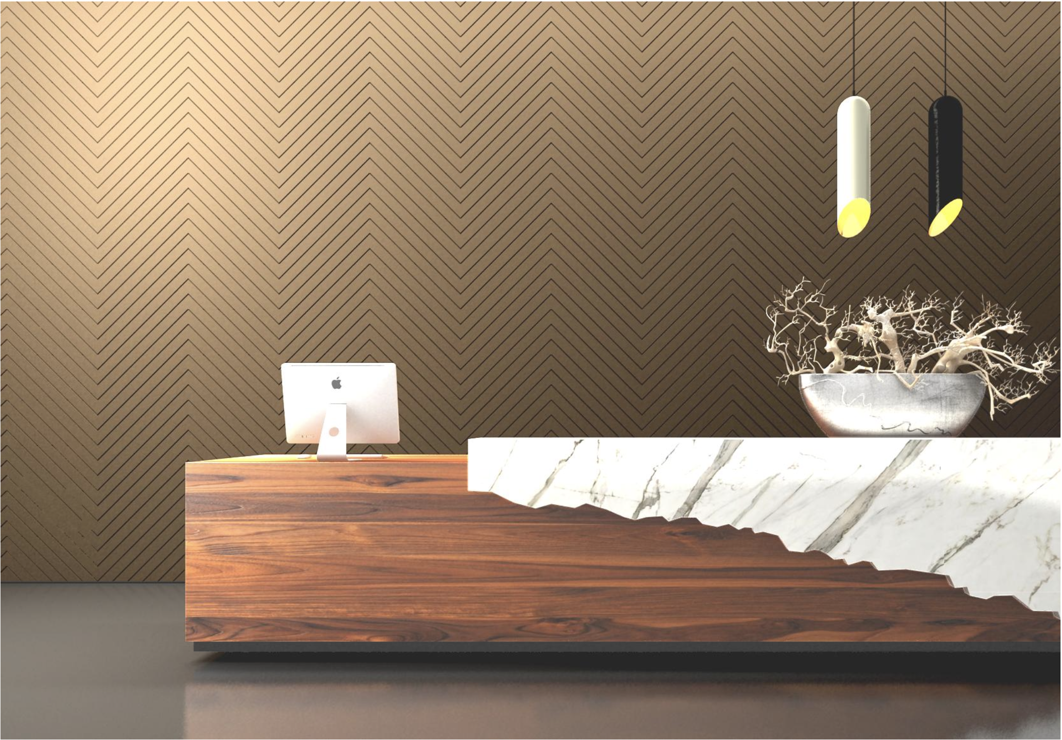 Modern reception desk with a white iMac on a wooden surface, a marble counter, hanging pendant lights, and a decorative white tree branch in a metallic bowl, with a geometric-patterned brown wall in the background.