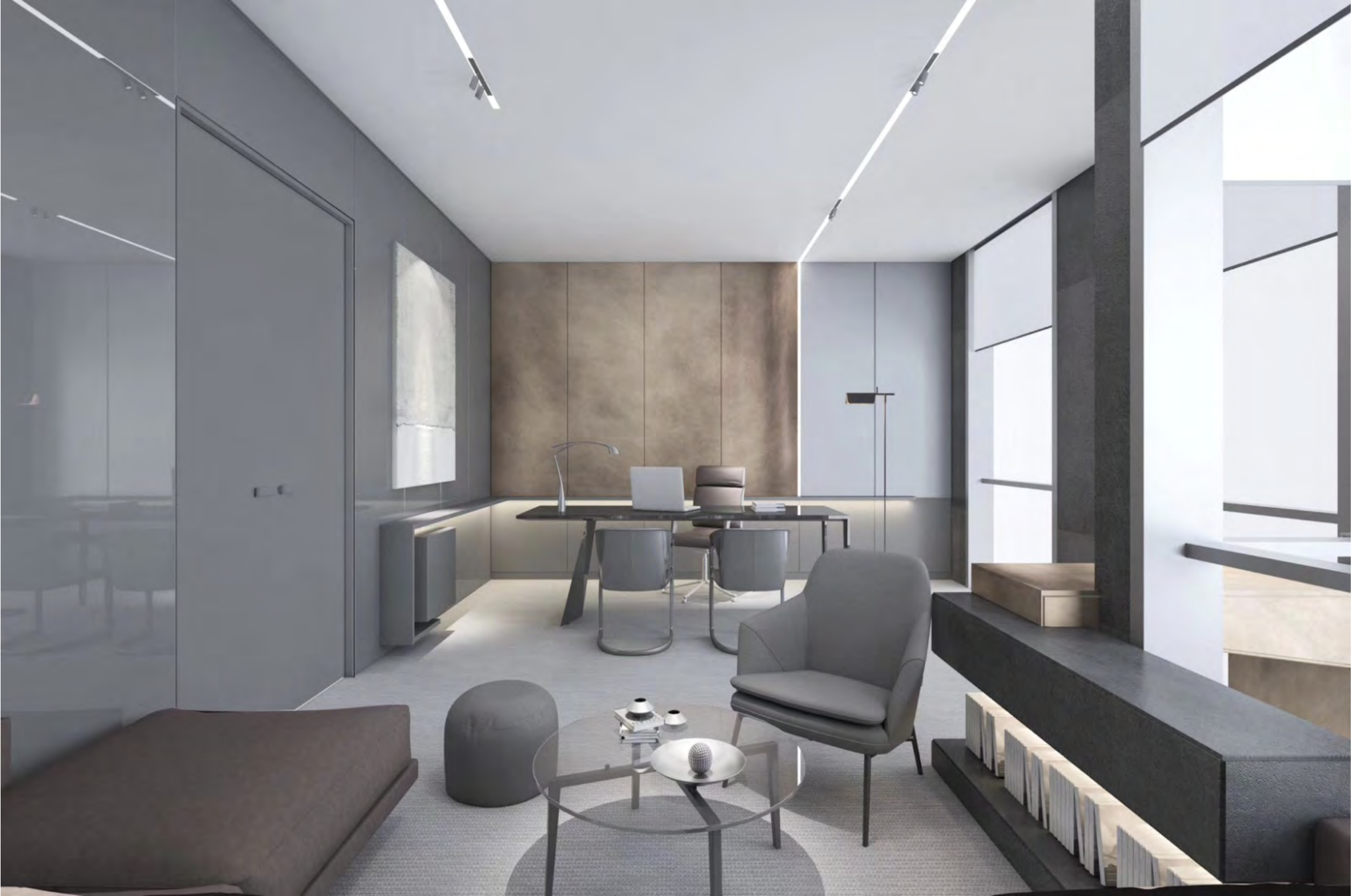 Modern office with minimalist design, featuring a desk with a laptop, armchair, sofa, round coffee table with decor, and large windows letting in natural light