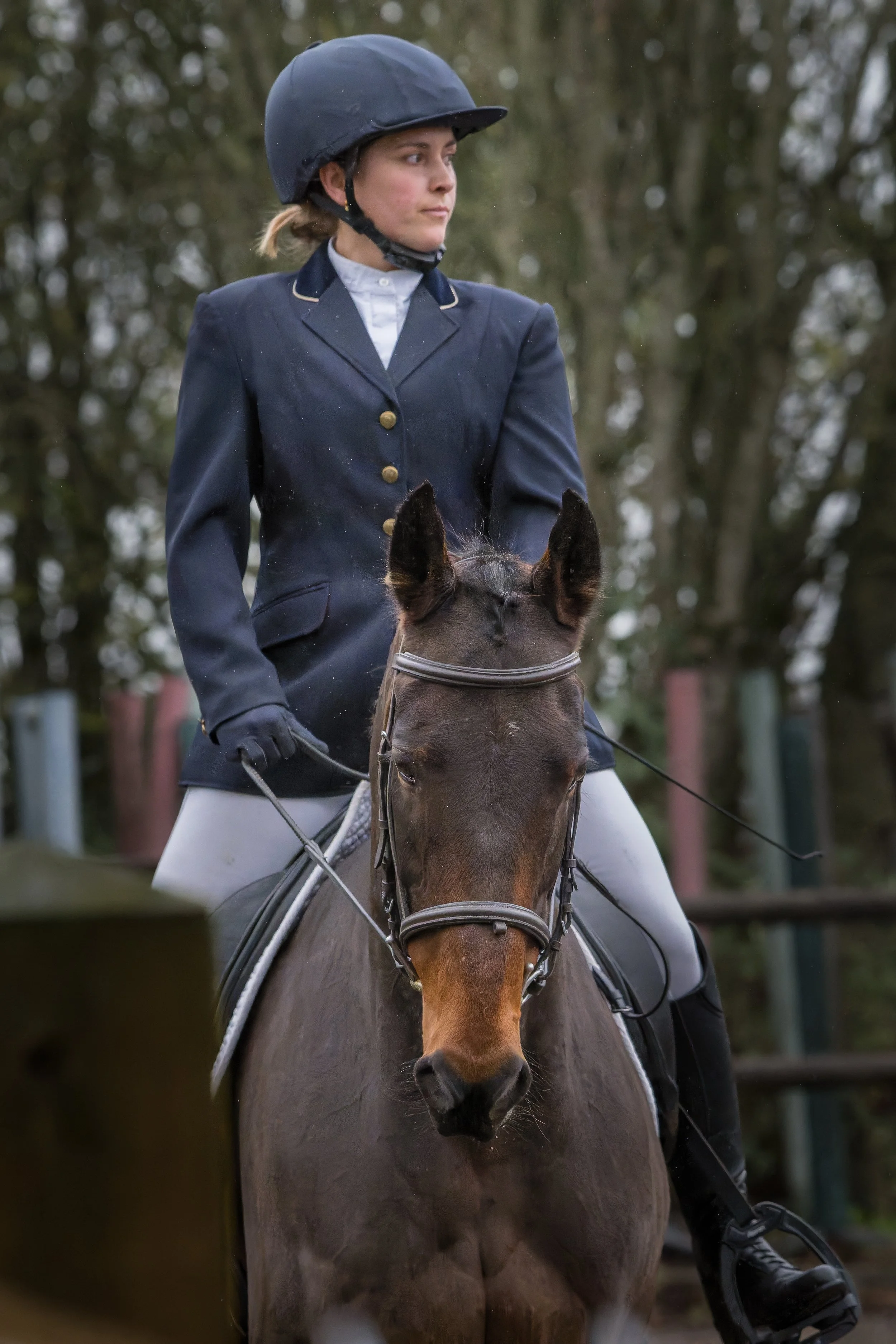 A young woman wearing a navy riding jacket, white riding pants, and a black helmet, riding a brown horse with a black mane, on a cloudy day outdoors.