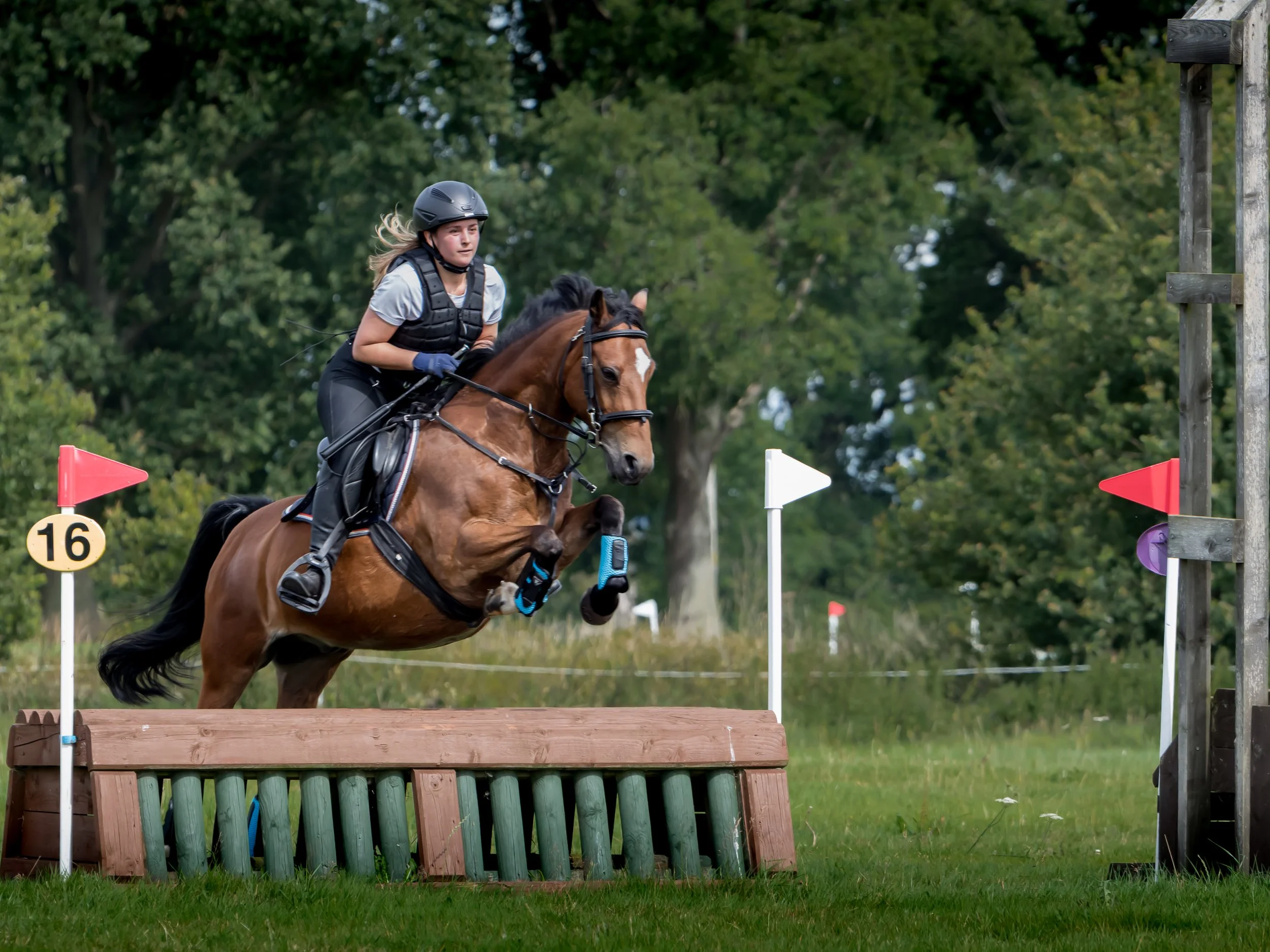 A young woman riding a horse jumps over a wooden obstacle during an equestrian event, with trees and flags visible in the background.