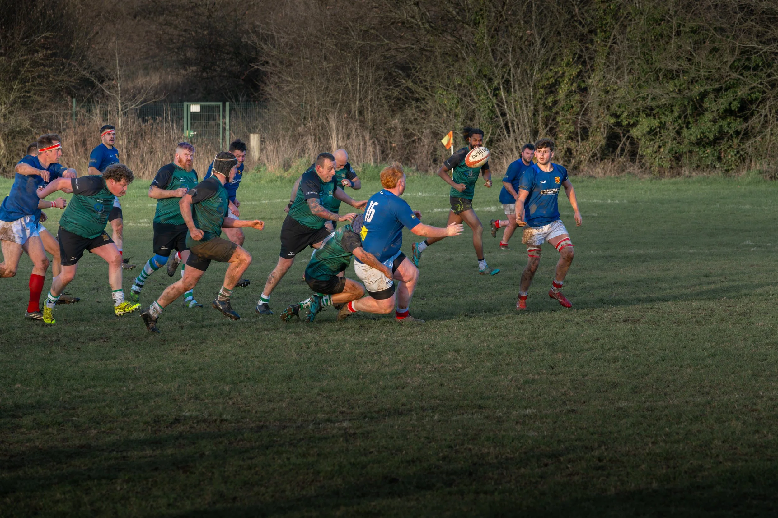 Rugby players in blue and green jerseys competing for the ball on a grassy field with trees in the background.