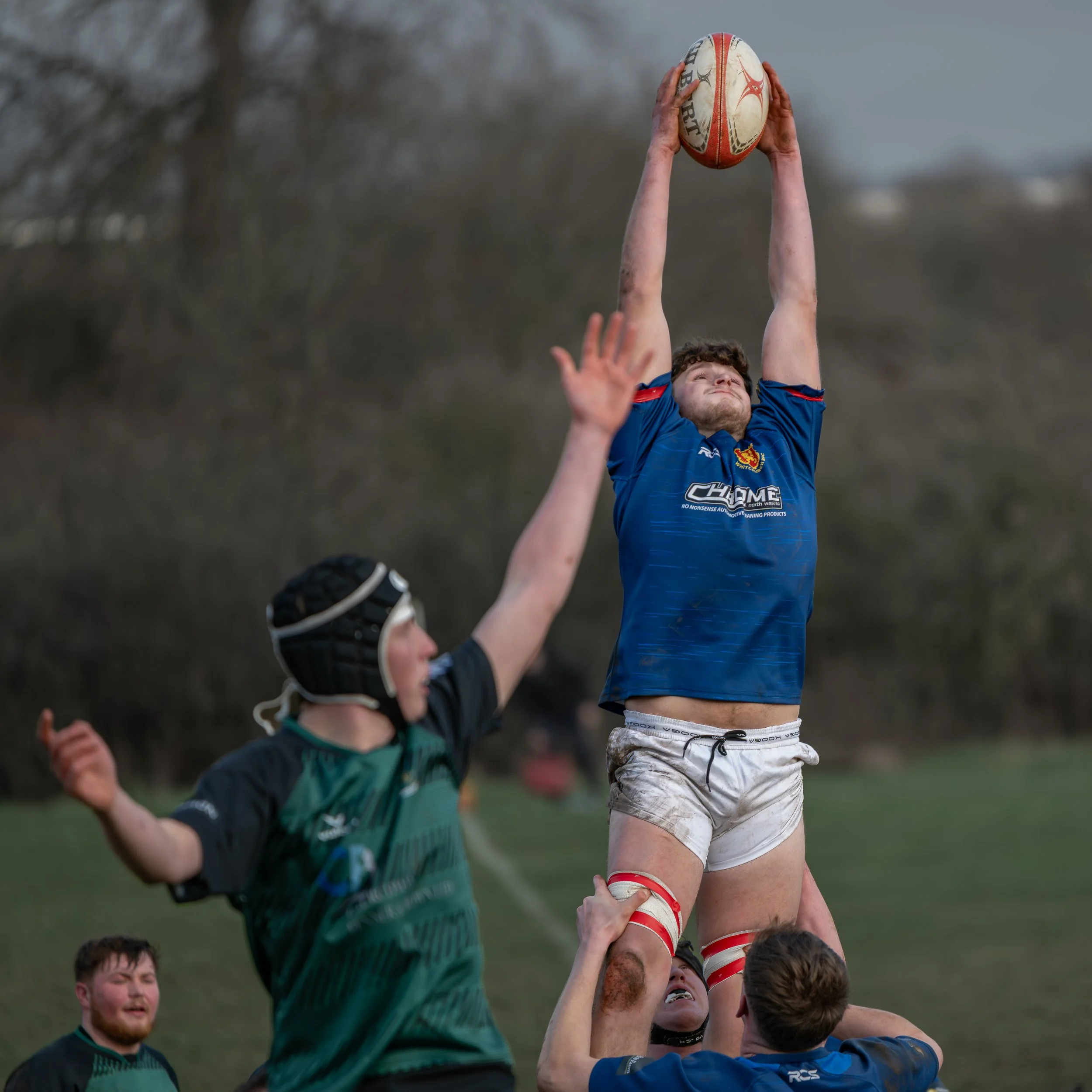 Rugby players in action during a lineout, with a player in a blue jersey jumping to catch the ball, and others reaching and supporting him on a grassy field with trees in the background.