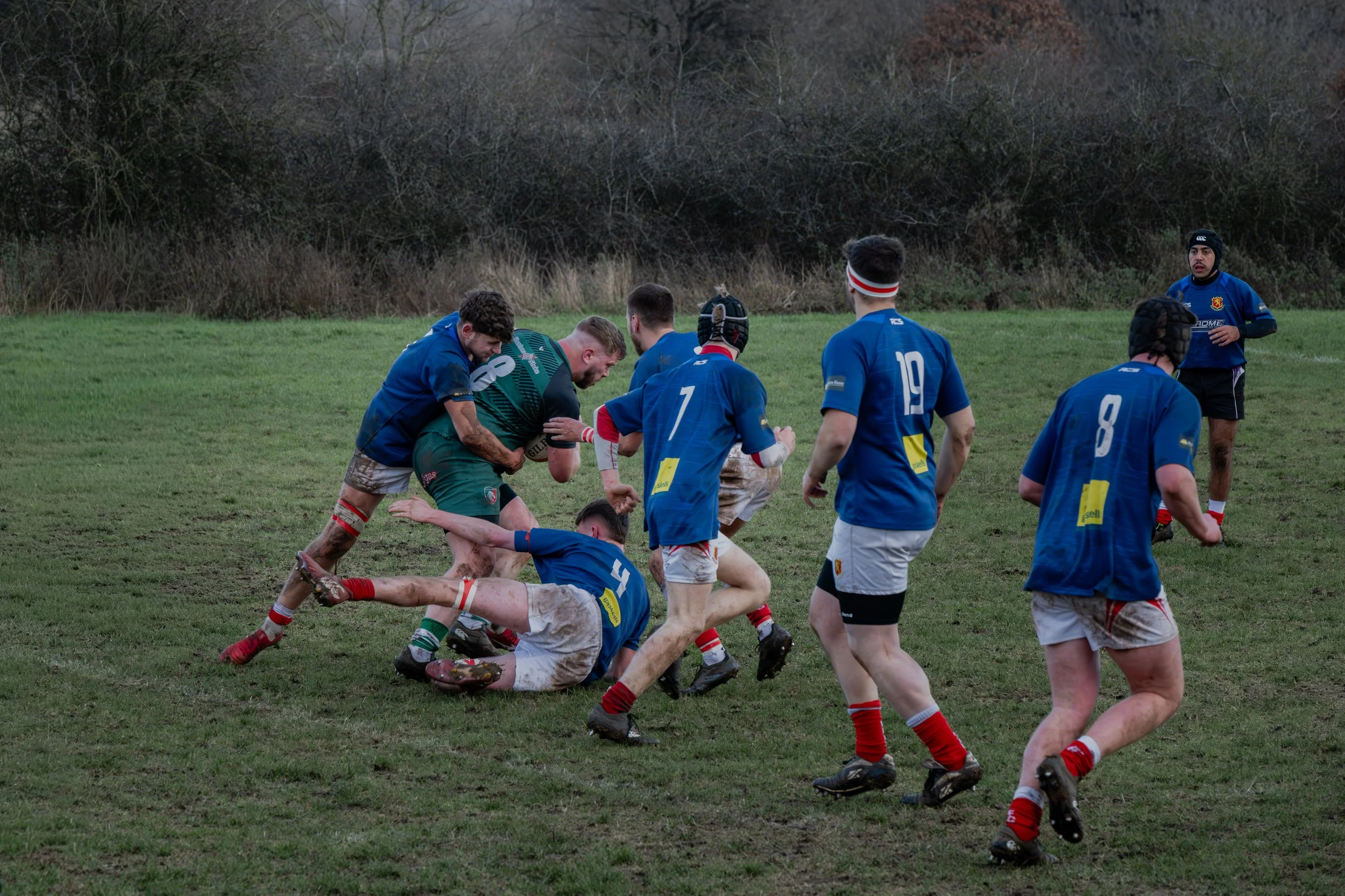 Rugby players in a match, some tackling and others watching on a grassy field with trees in the background.