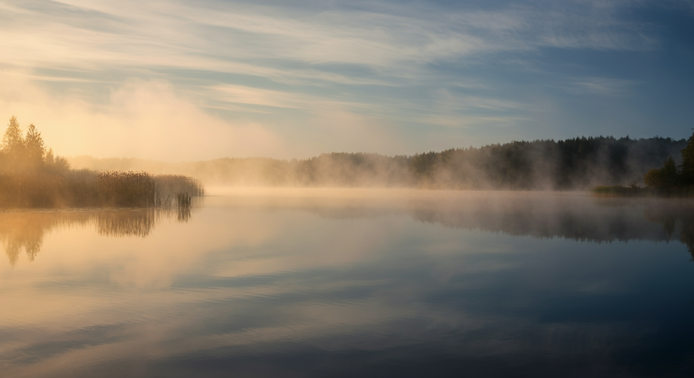 Calm lake with morning mist and trees at sunrise, creating a quiet and peaceful atmosphere.