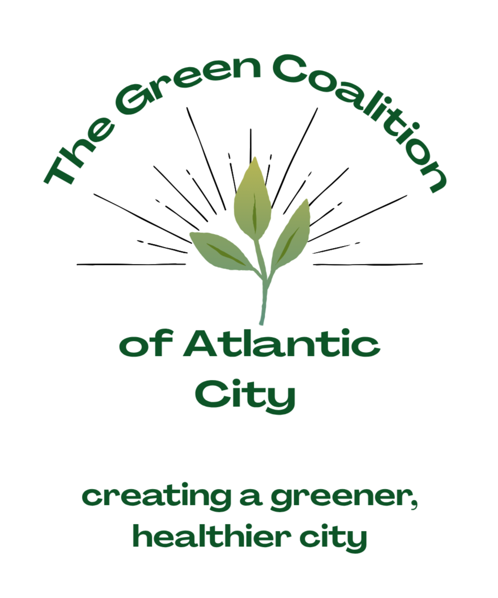 Logo for The Green Coalition of Atlantic City featuring a green plant with rays of light and the tagline 'creating a greener, healthier city'.