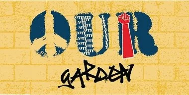 Graffiti-style artwork with the words 'PEACE', 'FUR', and 'GARDEN' on a yellow brick wall