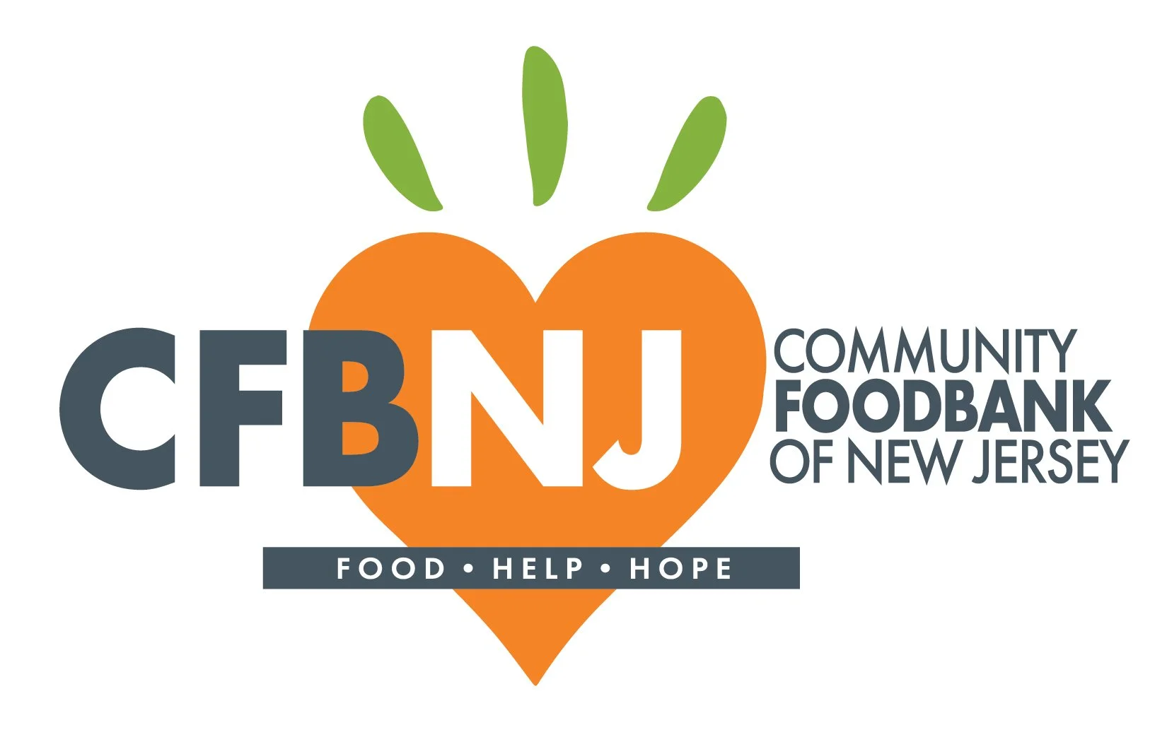 Logo for the Community Food Bank of New Jersey featuring an orange heart with green leaves, and bold text reading "CFBNJ" and "Community Food Bank of New Jersey." The tagline beneath states "Food • Help • Hope."