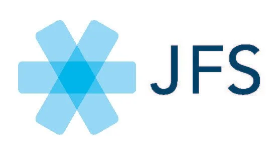 A blue medical cross symbol with a hexagon in the center, next to the initials JFS in dark blue.