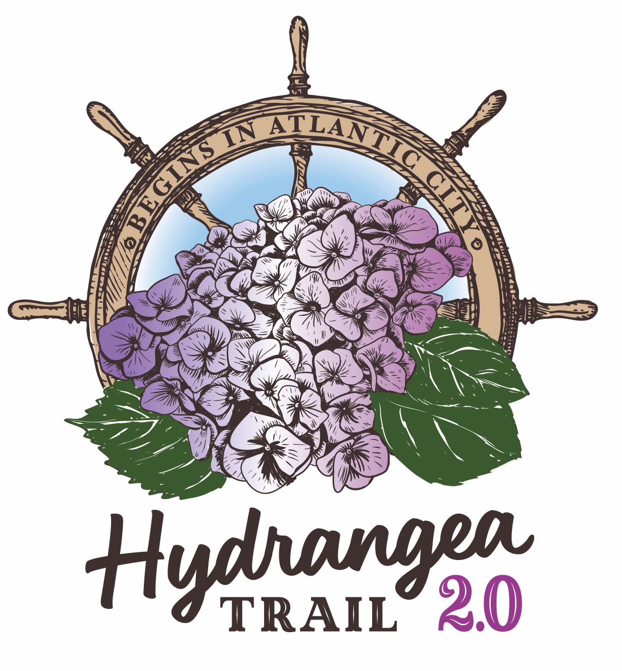A ship's wheel with the inscription 'Begins in Atlantic City' encircling a cluster of purple and white hydrangea flowers and green leaves, with the text 'Hydrangea Trail 2.0' below.