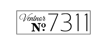 A sign with the text 'Ventanor No. 7311' in black serif font on a white background.