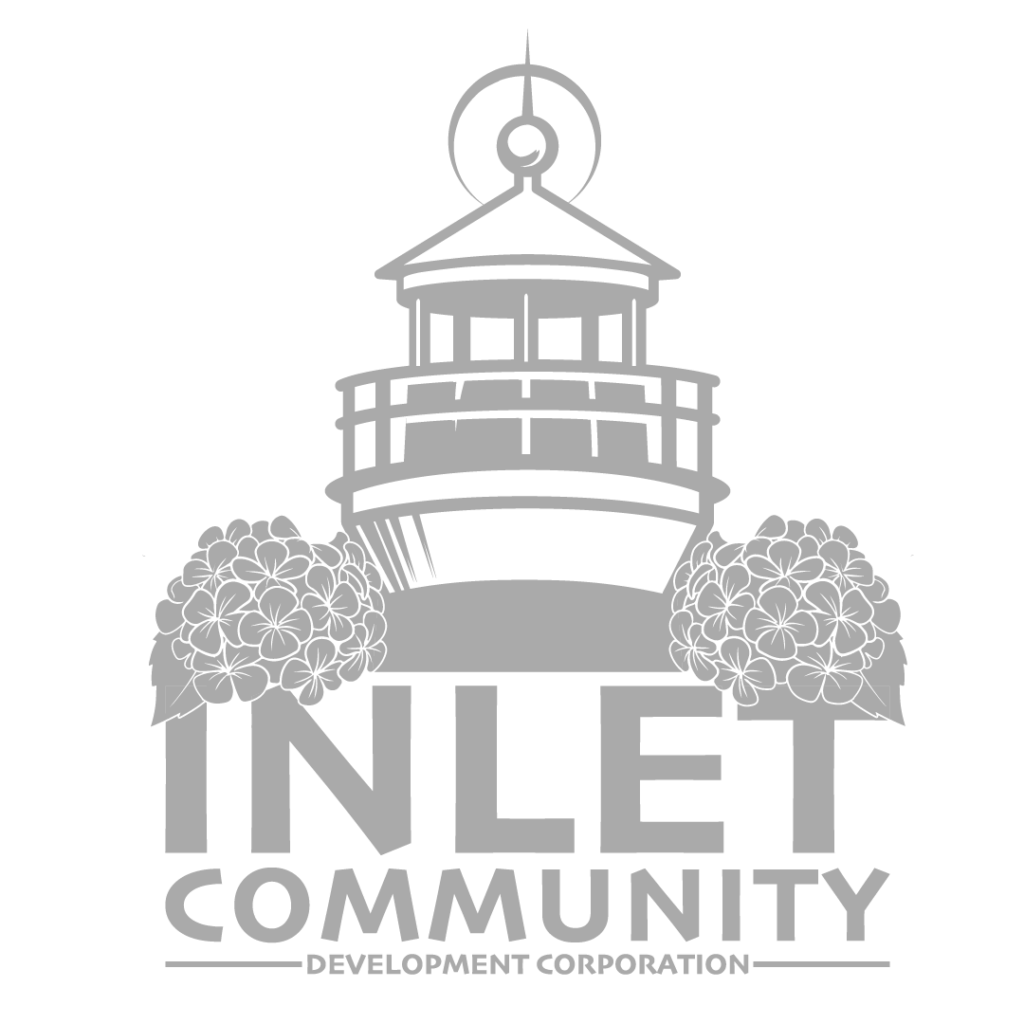 Logo of Inlet Community Development Corporation featuring a lighthouse and floral elements.