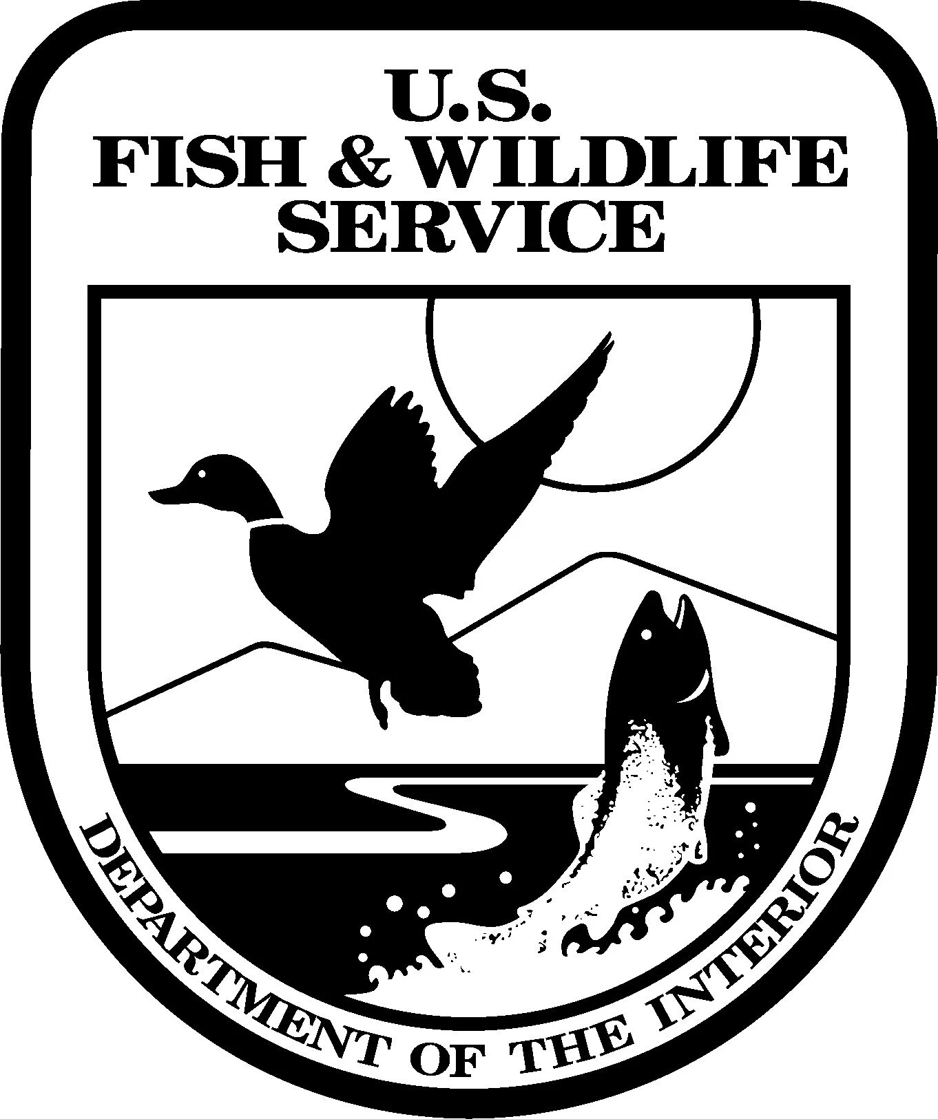 U.S. Fish and Wildlife Service emblem featuring a duck in flight, a fish jumping out of water, mountains, and a river landscape.