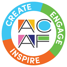 Circular graphic with segments labeled 'Create,' 'Engage,' and 'Inspire.' The center features the acronym 'ACAF' in colorful letters.