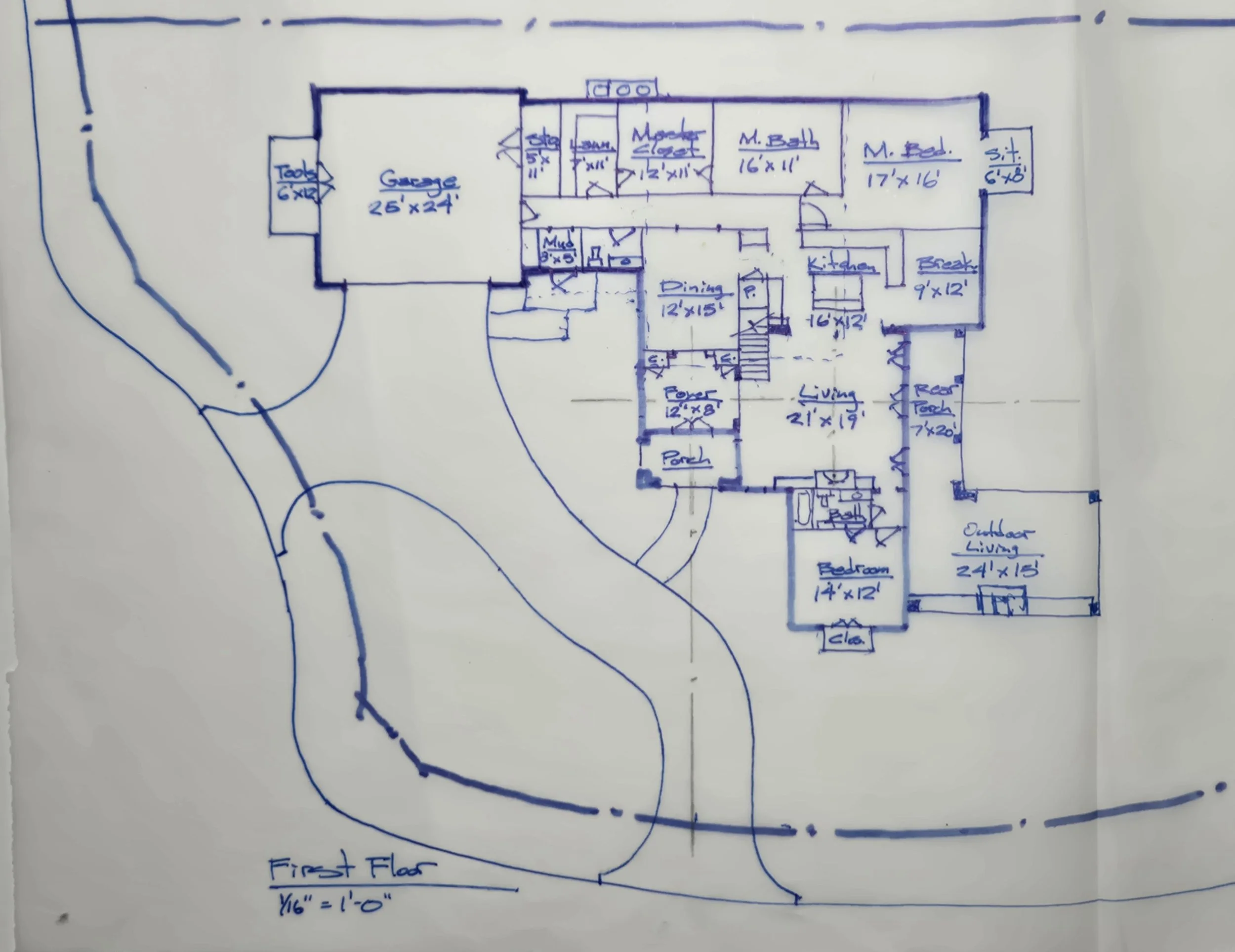 Hand-drawn floor plan for a new house showing various rooms, including a garage, master bedroom, bedrooms, kitchen, living areas, porch, outdoor living space, and surrounding landscape elements.