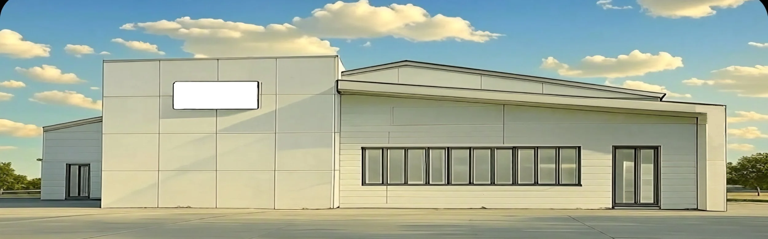 Modern white commercial building renovation with large glass windows, set against a blue sky with scattered clouds.