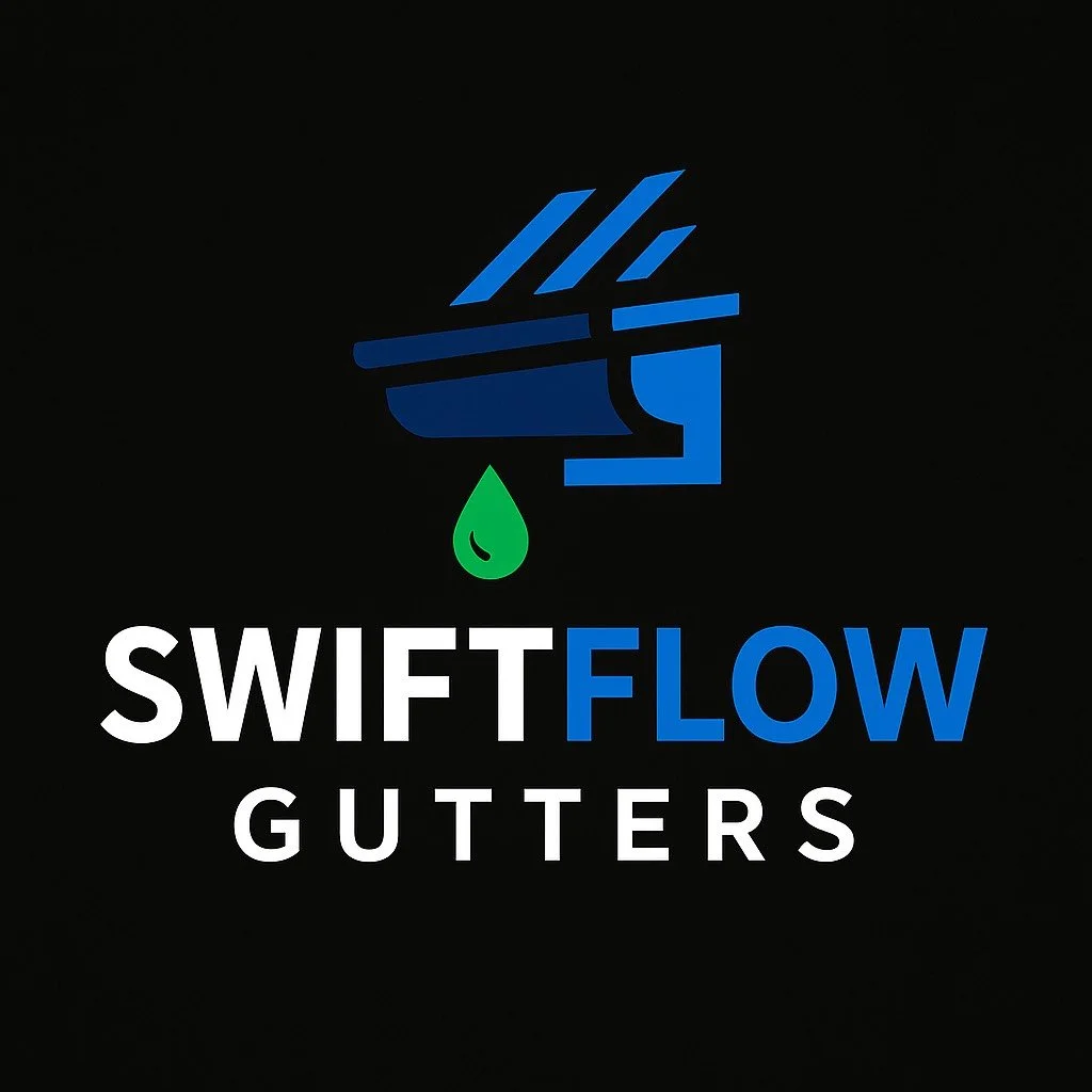 Logo for SwiftFlow Gutters featuring a stylized blue gutter with a green water droplet above the text."SWIFT" in white, "FLOW" in blue, and "GUTTERS" in white.