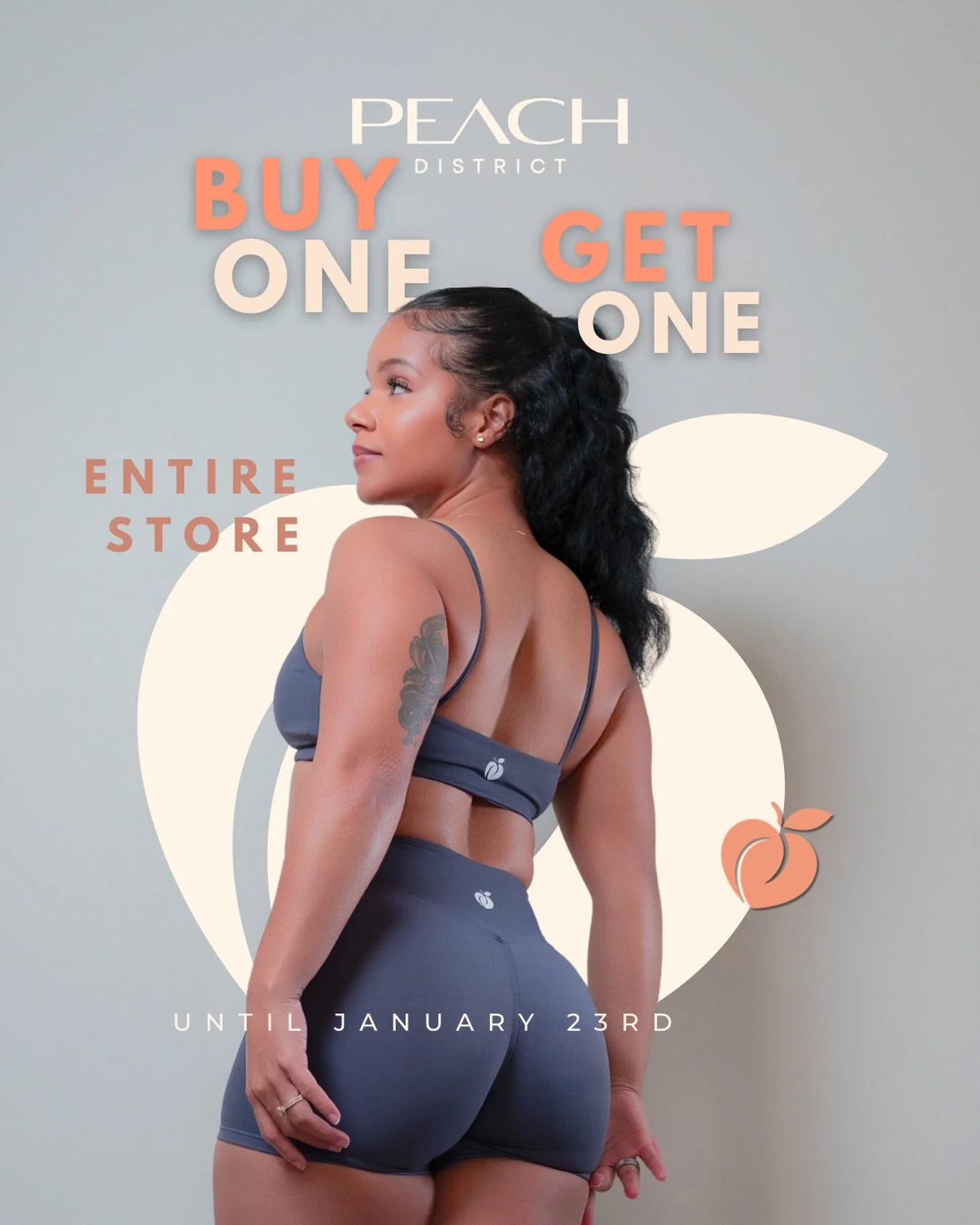 We&rsquo;re having a BOGO sale for our online store 🛍️ ⬇️ 

When you buy 1, you get one FREE 🍑 but only until January 23rd ‼️ 

Click the link in our bio to revamp your wardrobe 🔗 

#peachdistrict #activewear #smallbusinessowner