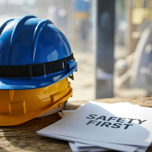 Two safety helmets, one blue and one yellow, placed on a wooden surface next to a stack of papers labeled "Safety First" in an indoor setting with sunlight streaming in.