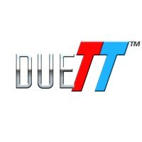 Logo for Duet with stylized text in gray, red, and blue letters.