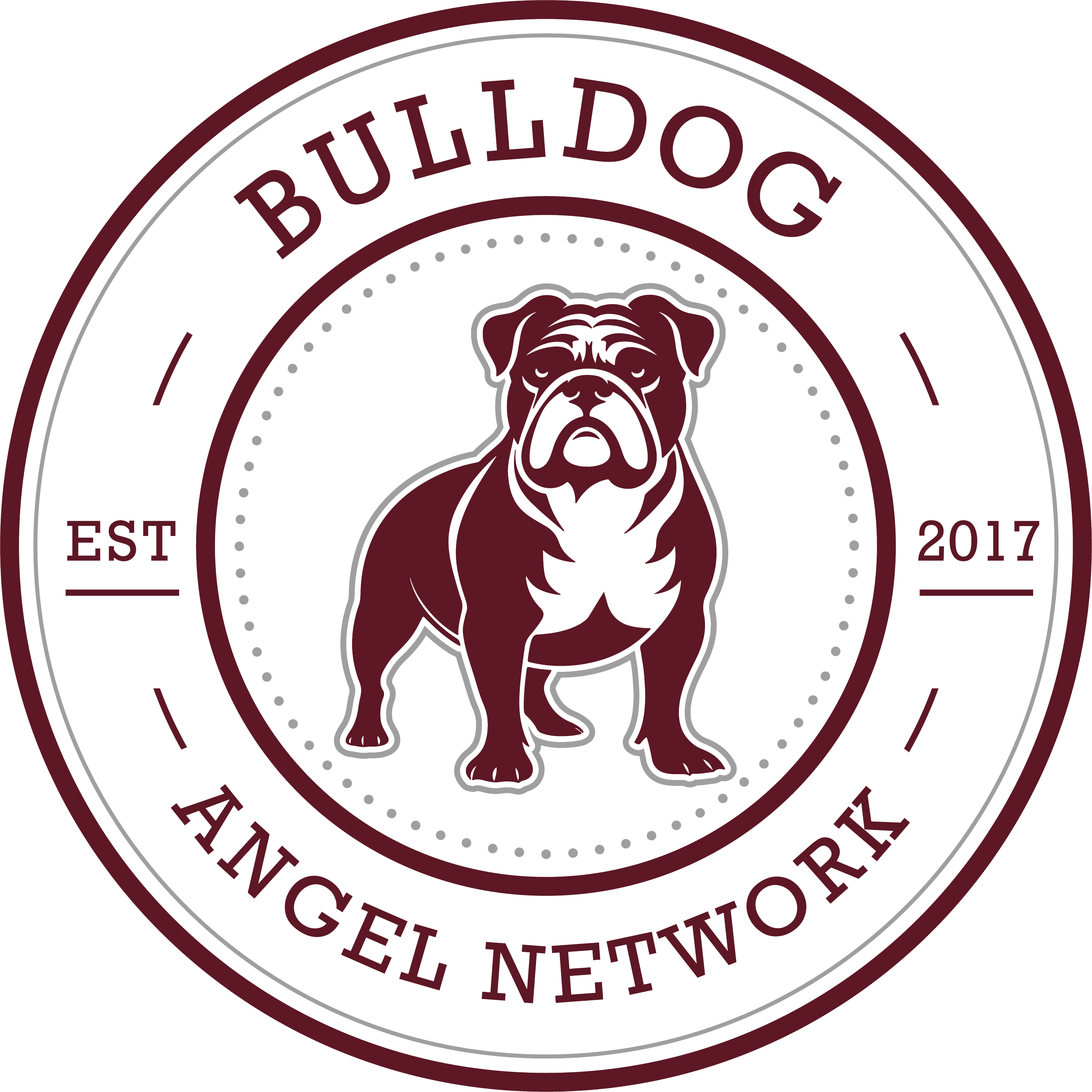 Logo for Bulldog Angel Network, featuring a forward-facing bulldog illustration with text 'BULLDOG' at the top, 'ANGEL NETWORK' at the bottom, and 'EST 2017' on the sides.