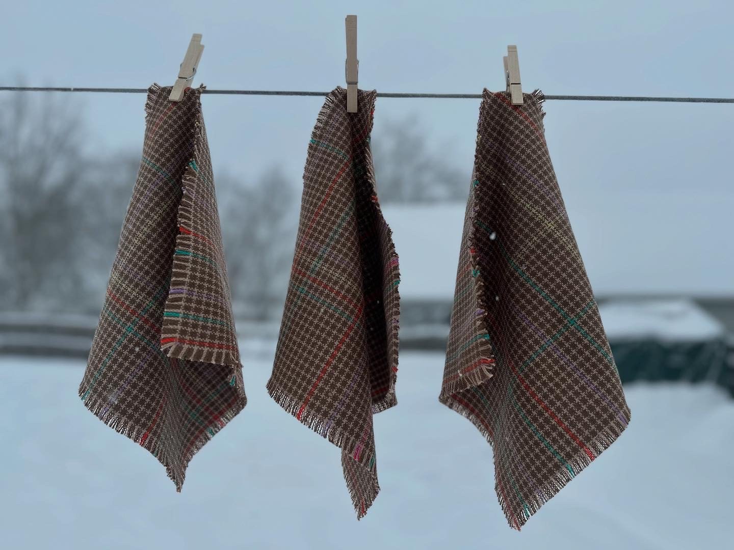 Three checkered cloths hanging on a clothesline outdoors in a winter setting, with snow and blurred trees in the background.