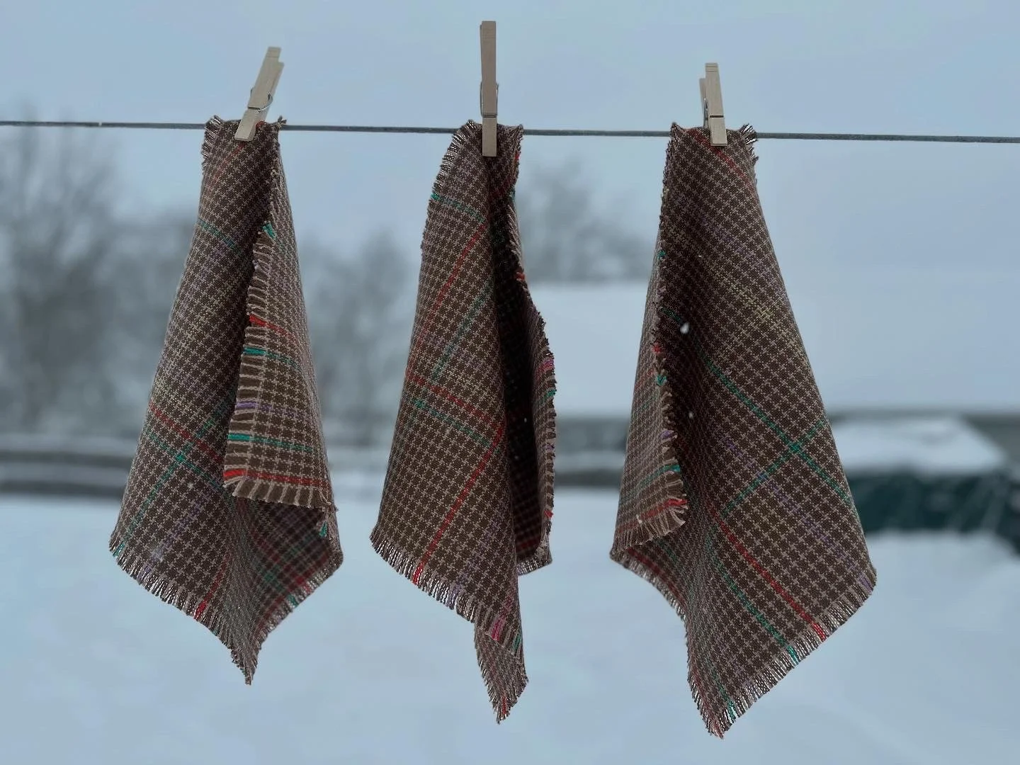 Three checkered dish towels hanging on a clothesline with clothespins, set against a wintery outdoor background with snow-covered ground and trees.