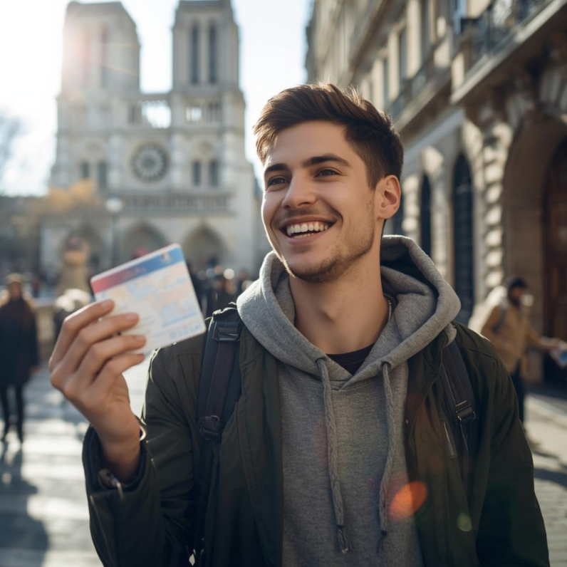 Jeune homme souriant tenant un passeport ou un titre de voyage devant la cathédrale Notre-Dame de Paris.