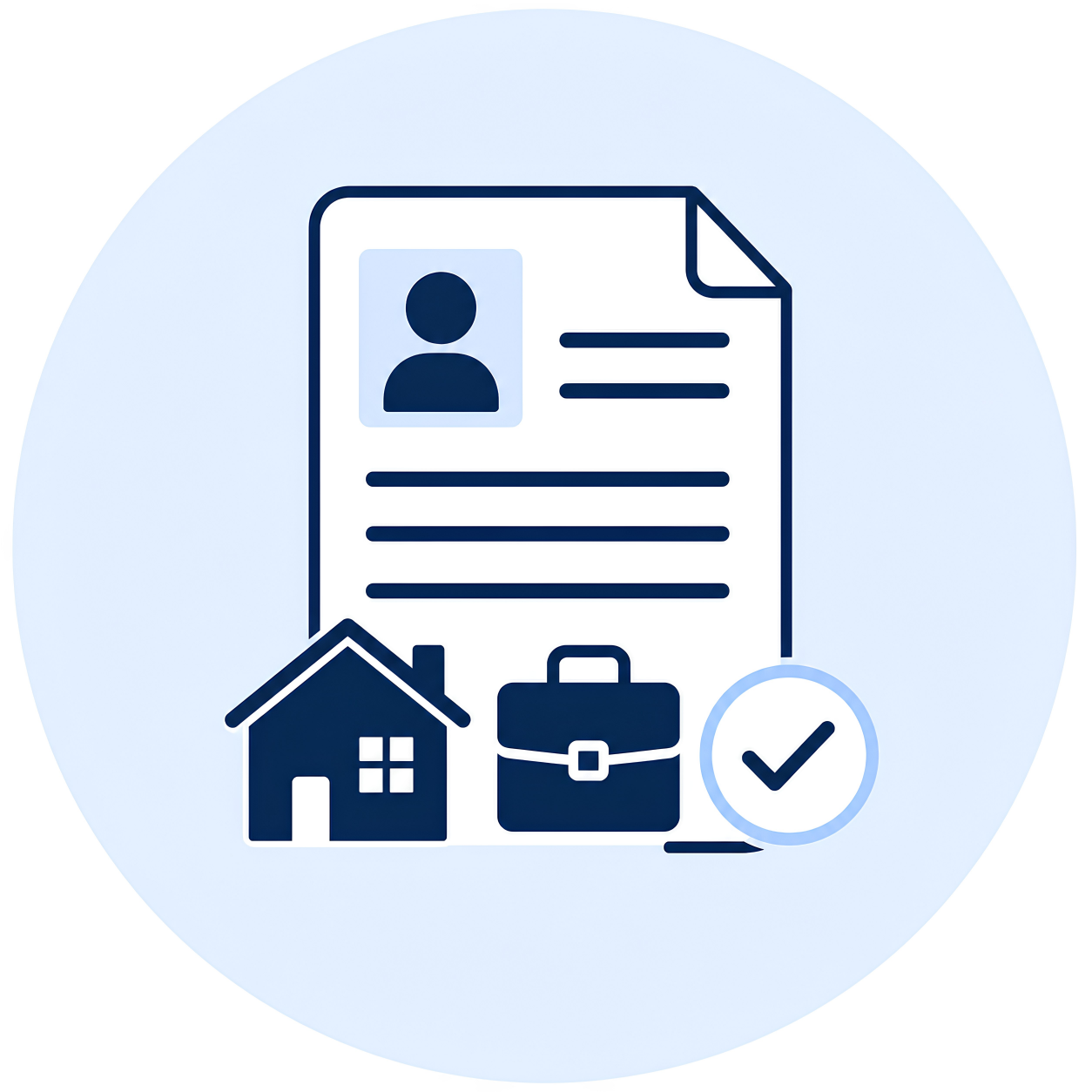 Illustration d'un document de CV avec une photo, une maison, une mallette, un cercle avec une coche, suggérant une liste de justificatifs pour accomplir des démarches administratives.