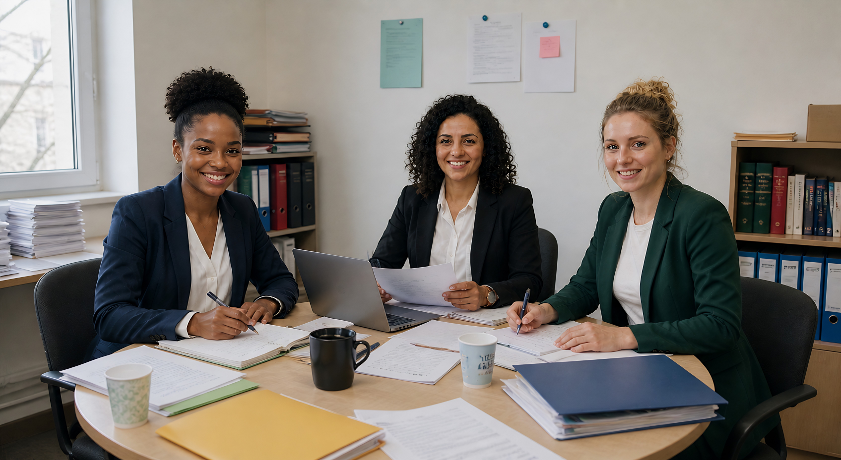 Trois femmes assises autour d'une table de bureau, souriantes, avec des papiers, un ordinateur portable et des tasses, dans un bureau avec étagères et documents.