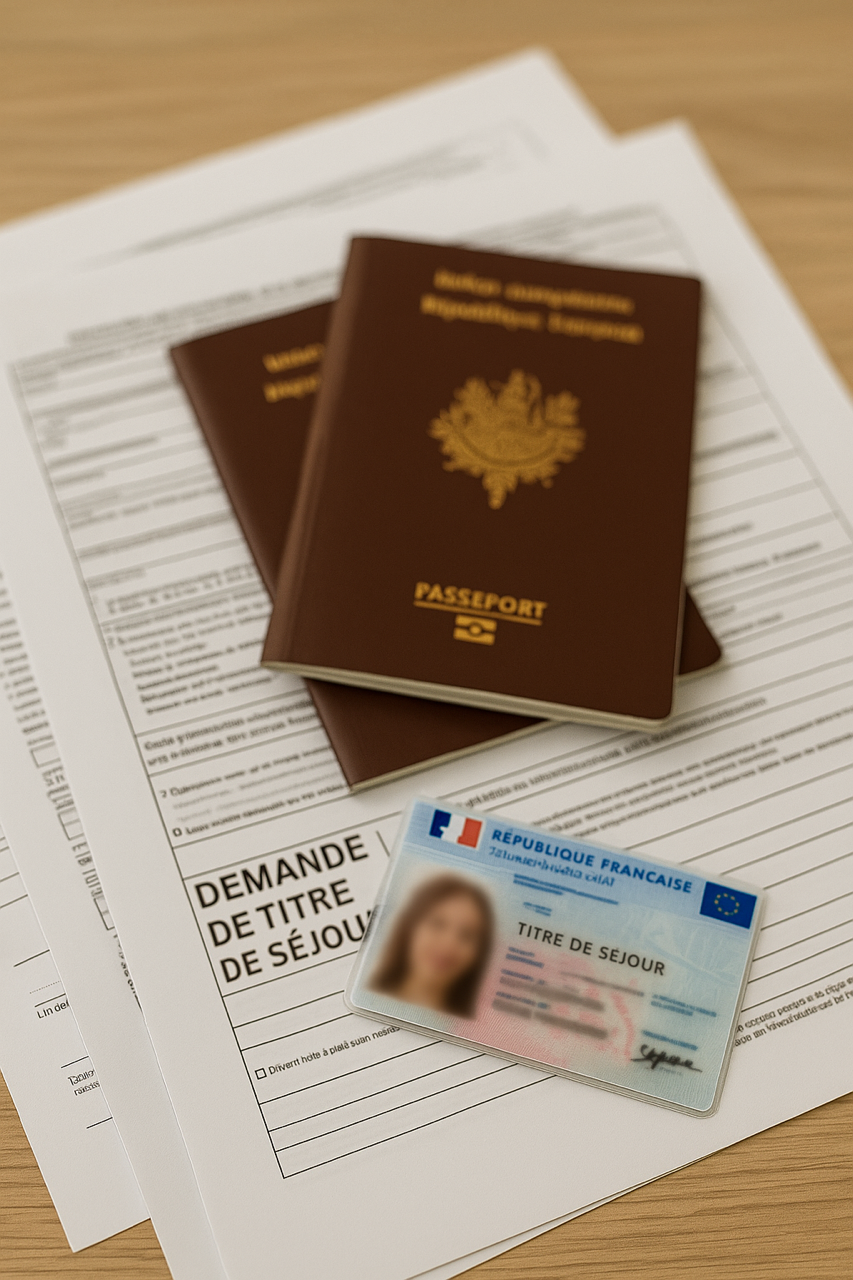Passeports, formulaire de demande de titre de séjour, et carte de séjour française sur une table en bois.