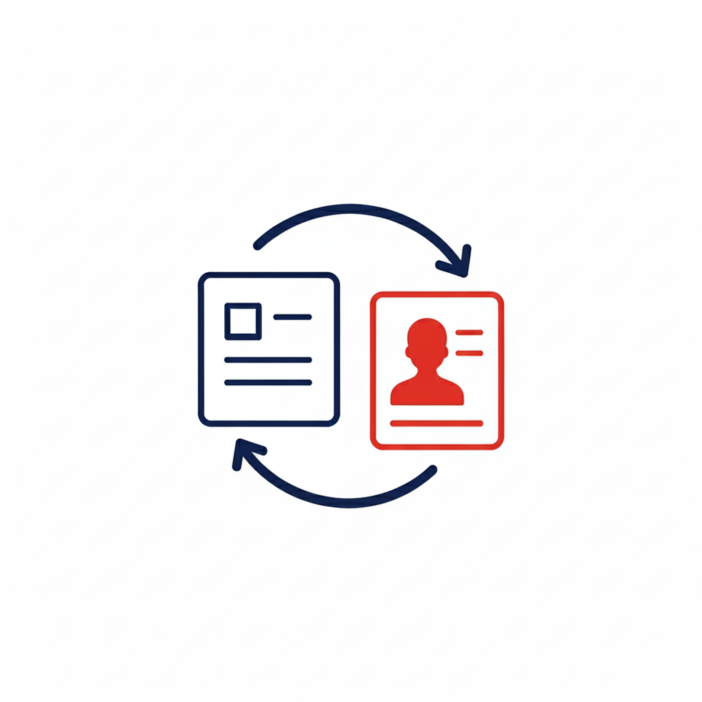 Icône représentant un processus d'échange entre un document et un profil utilisateur avec deux flèches en cercle.