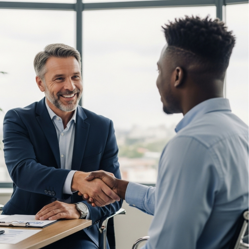 Deux hommes en affaires se serrent la main dans un bureau moderne avec une grande fenêtre en arrière-plan.