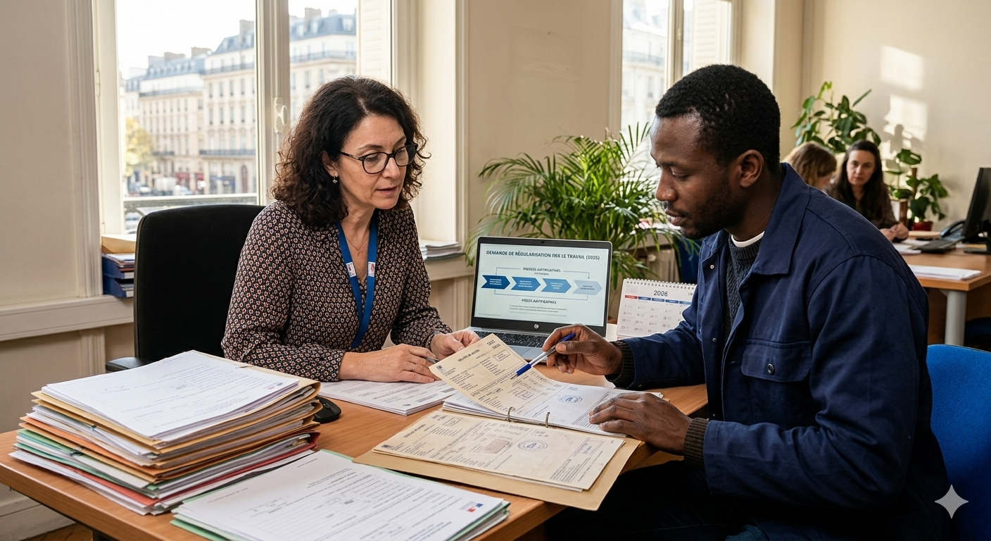 Une femme et un homme discutent à une table de bureau avec des piles de papiers, un ordinateur portable, et une fenêtre donnant sur une ville en arrière-plan.