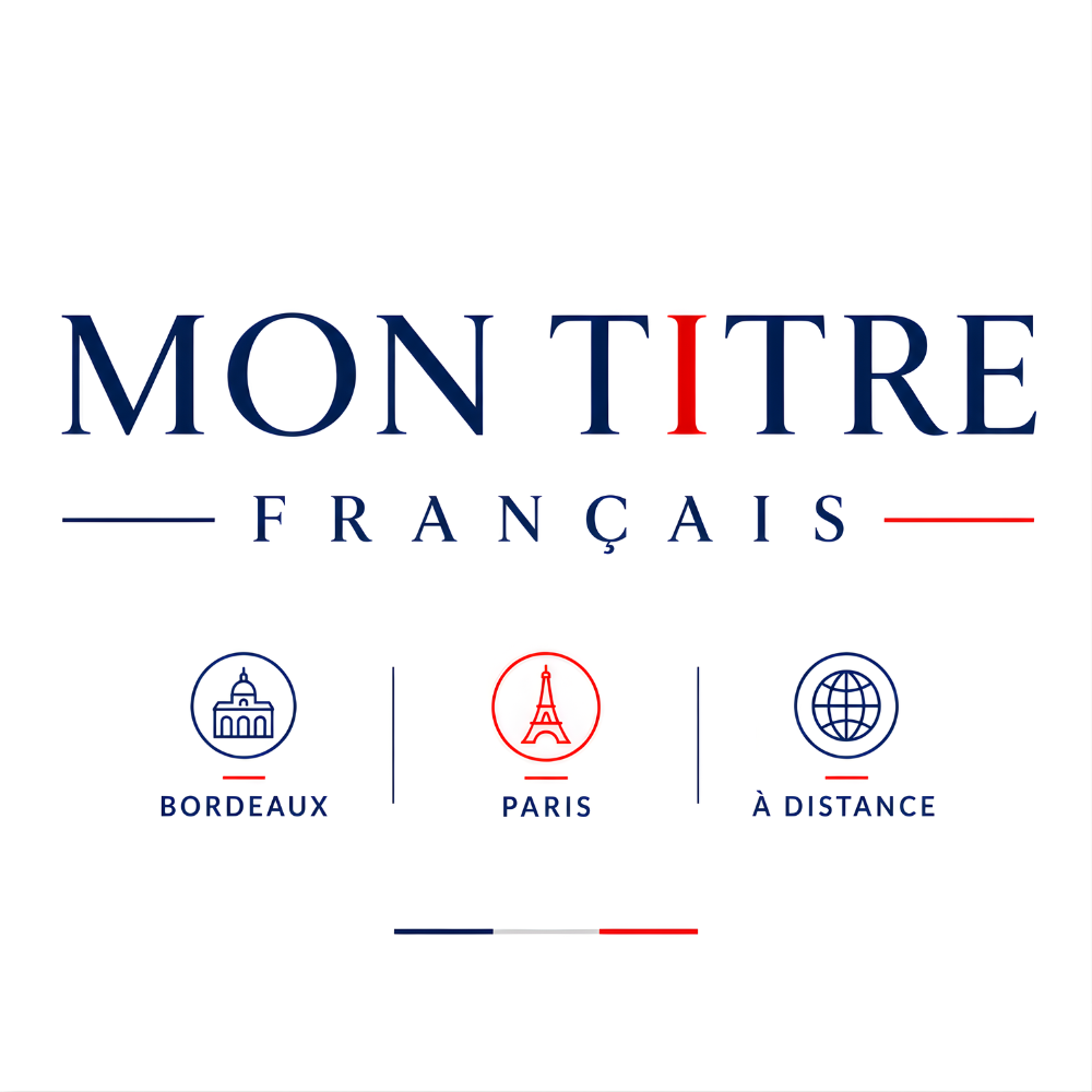 Logo de Mon Titre Français avec des icônes de Bordeaux, Paris, et à distance, utilisant des couleurs bleu, blanc, rouge.