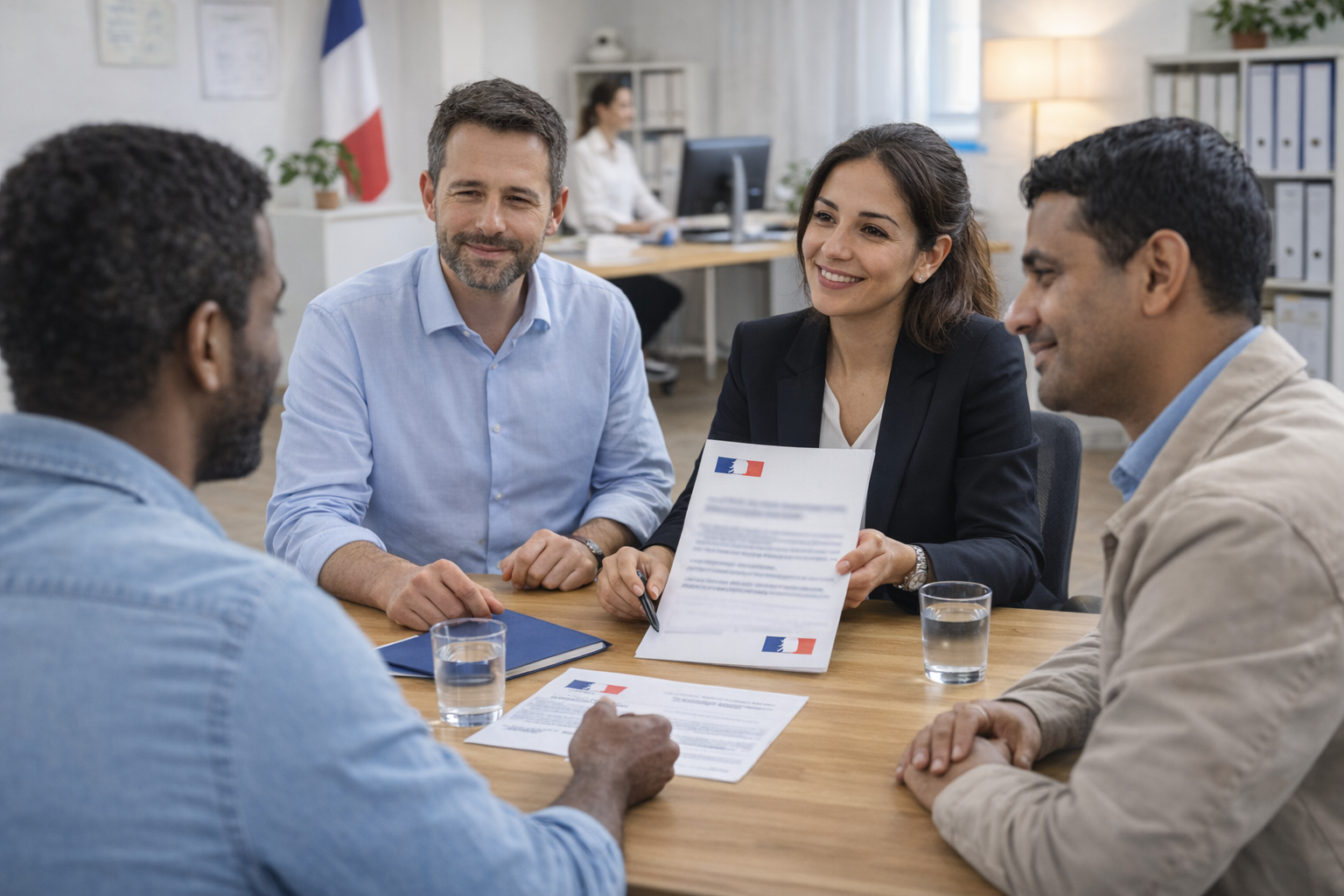 Consultation en agence avec une juriste Mon Titre Français : accompagnement humain des entreprises pour l’immigration professionnelle, préparation du dossier avec document et pictogramme bleu-blanc-rouge.
