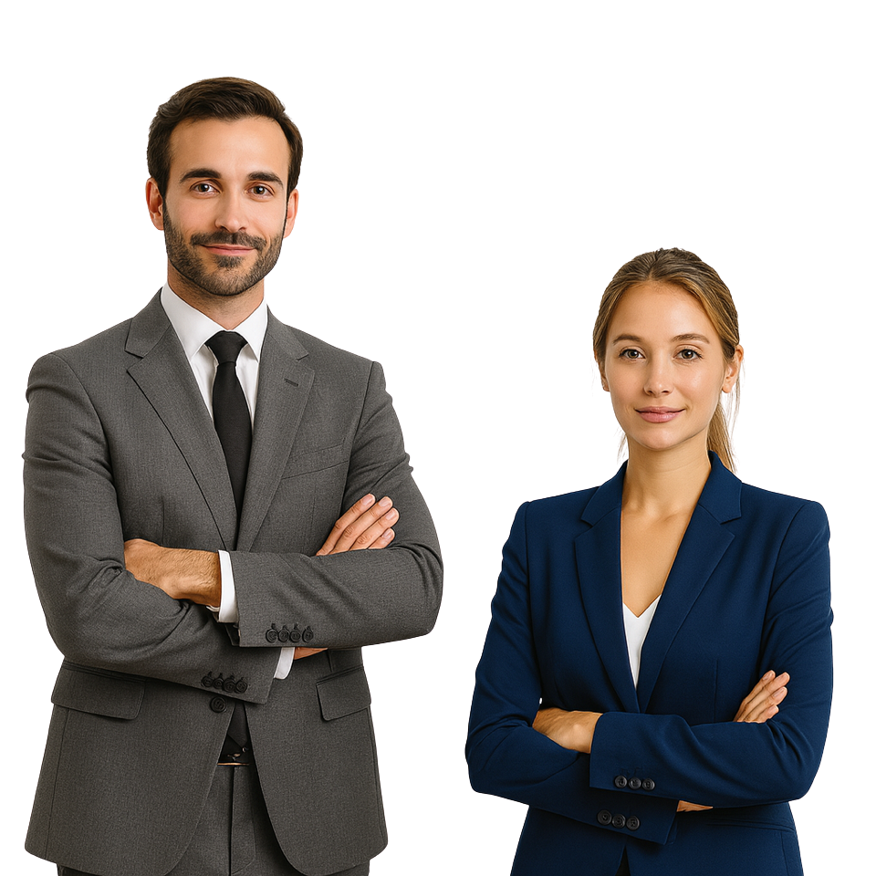 Un homme et une femme en costume professionnel, posant avec les bras croisés contre un fond blanc.