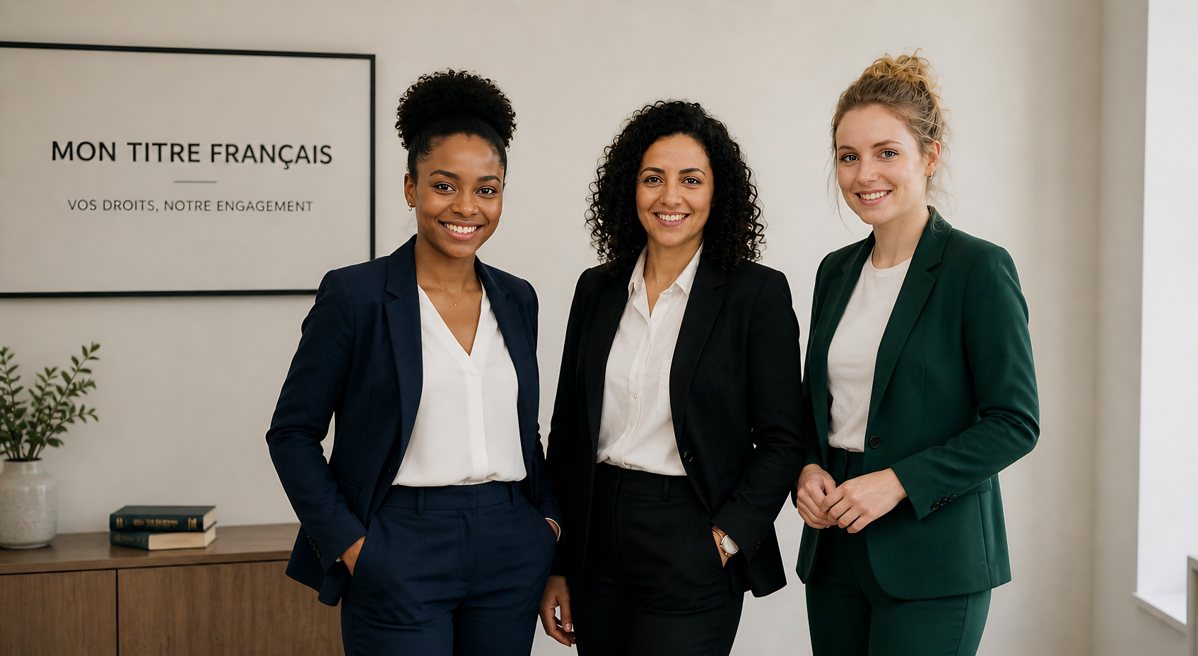 Trois femmes juristes en costume souriantes, debout côte à côte dans un bureau avec un tableau blanc qui affiche 'Mon Titre Français, Vos Droits, Notre Engagement' en arrière-plan.