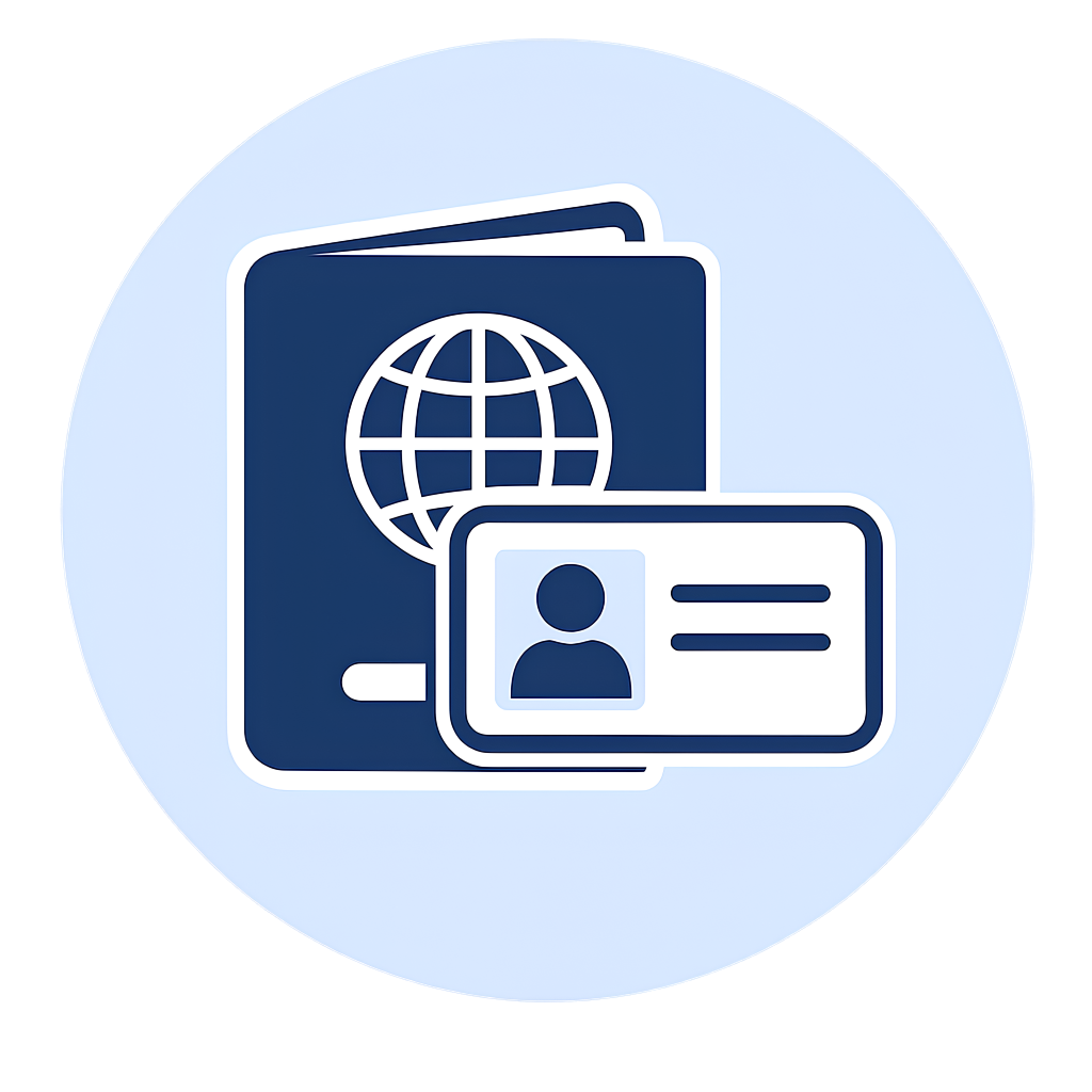 Icone d'un passeport, d'une carte d'identité et d'un globe terrestre, symbolisant des documents d'identification et la nationalité.