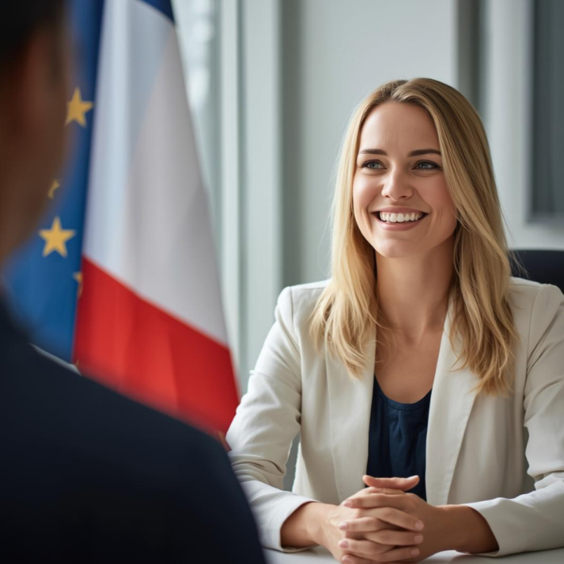 Une femme souriante en entretien ou réunion, avec les drapeaux de la France et de l'Union européenne en arrière-plan.
