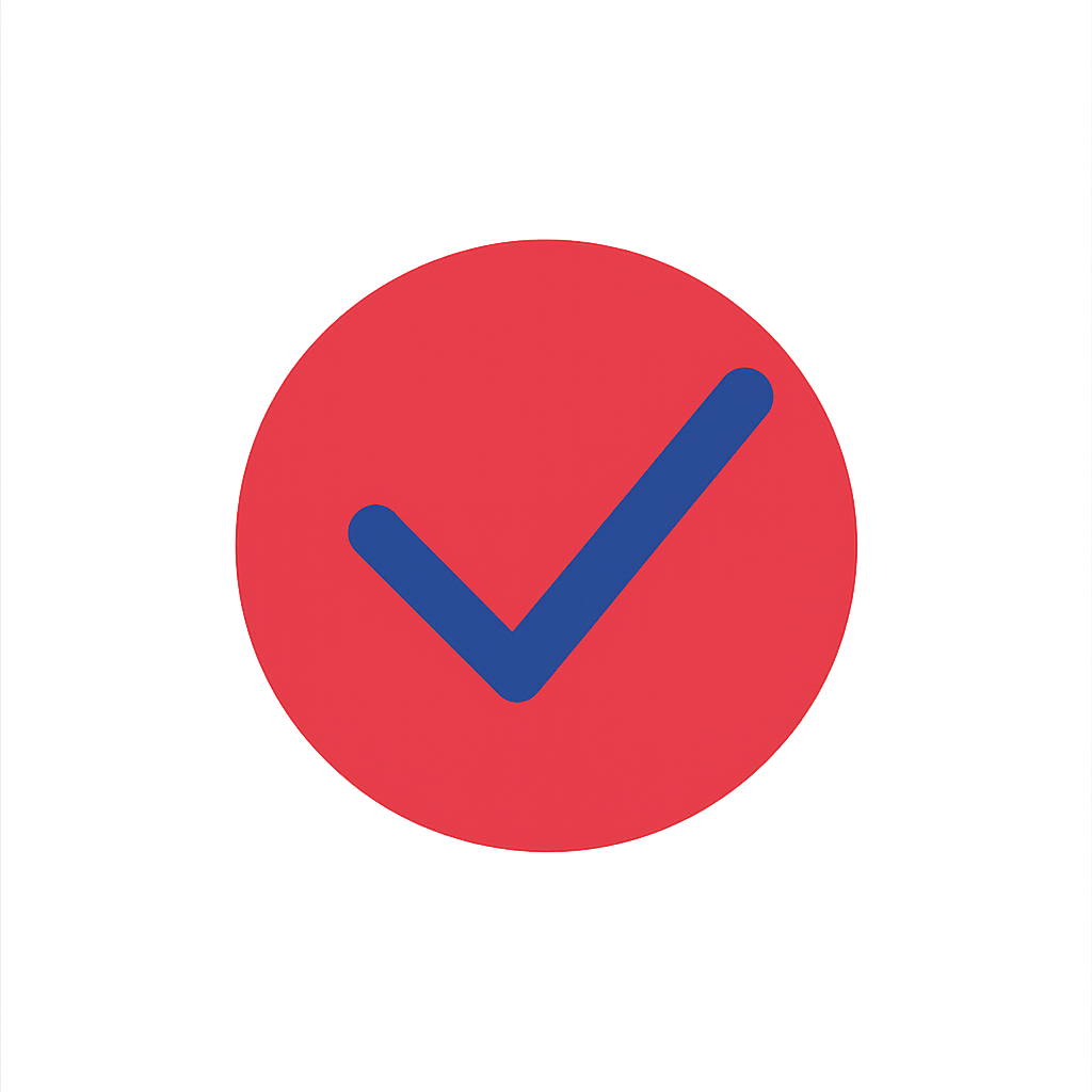 Un bouton rond rouge avec une coche bleue au centre, symbolisant l'approbation ou la validation.