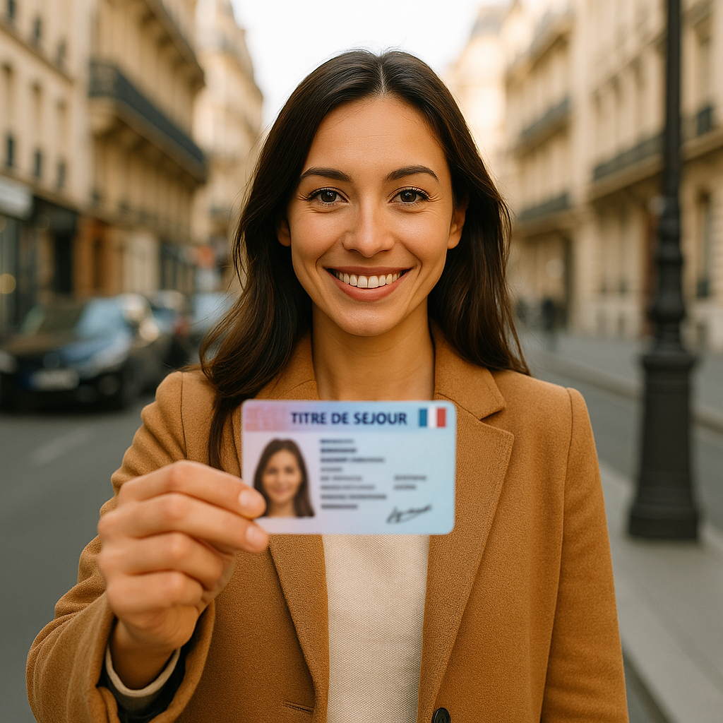 Une femme souriante tient une carte d'identité dans une rue de ville. Elle porte un manteau beige.