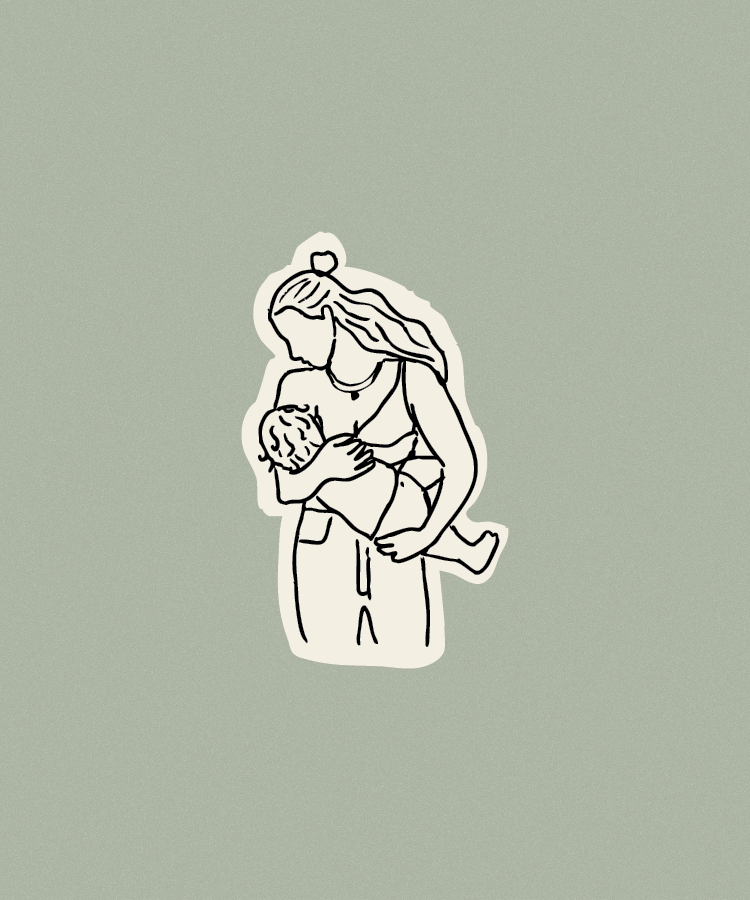 Line drawing of a woman holding a child on a light green background.
