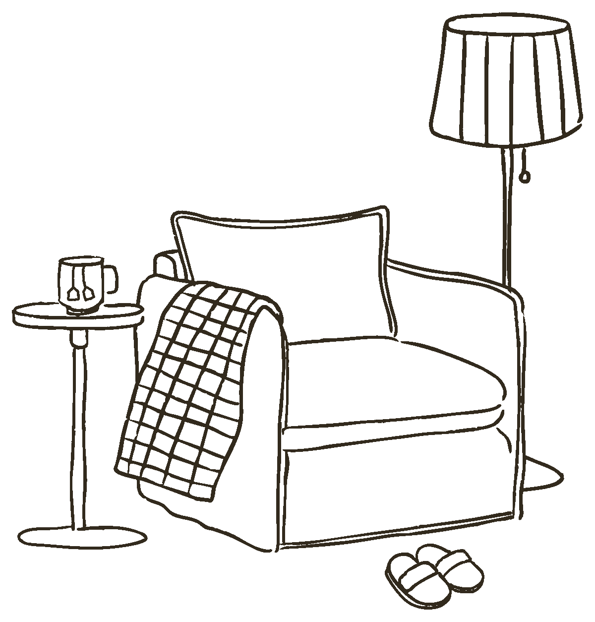 Line drawing of a cozy living room corner with an armchair, a side table with a mug, a tall floor lamp, a cushion, a blanket, and slippers.