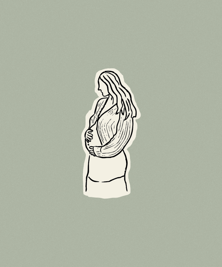 Line drawing of a pregnant woman with long hair, wearing a top and skirt, holding her belly, with a plain light green background.