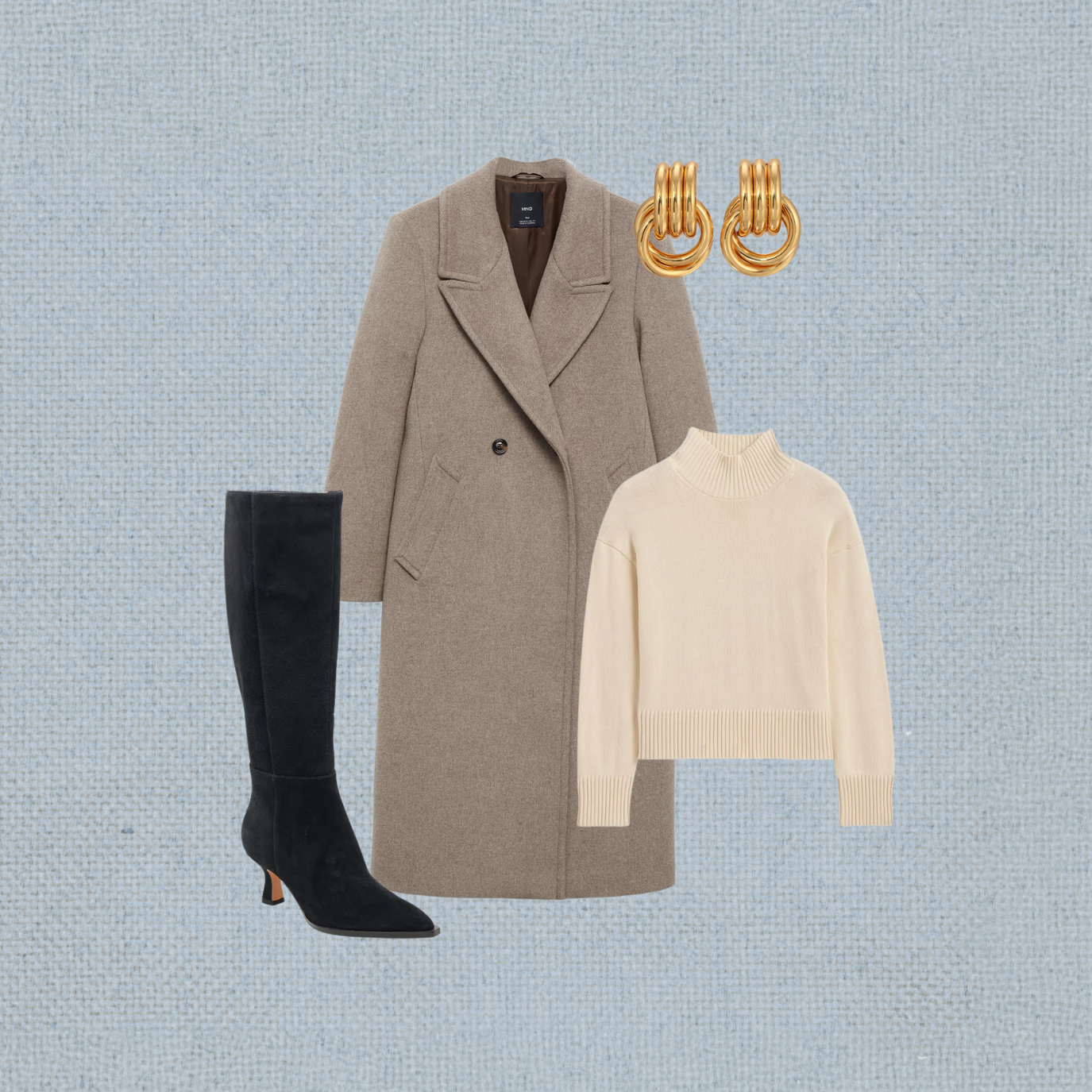 Beige long coat, white turtleneck sweater, black knee-high boots, gold hoop earrings, gray textured background.
