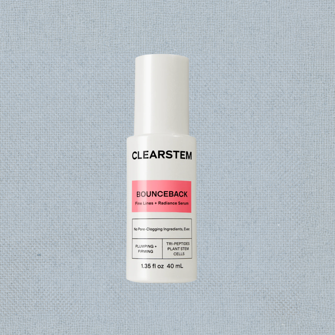 A white bottle of Clearstem Bounceback serum on a gray textured background.