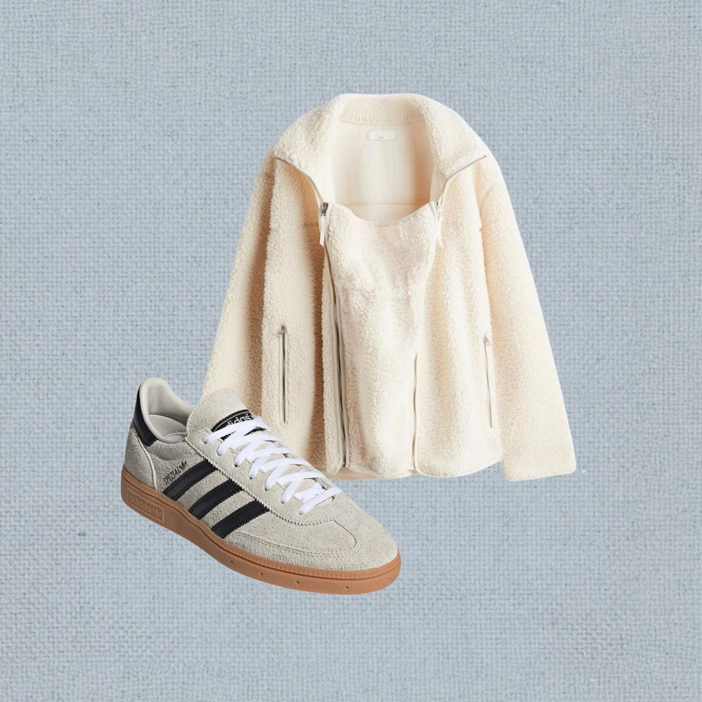 Cream-colored fleece jacket and off-white Adidas sneakers with black stripes on a light styled background.